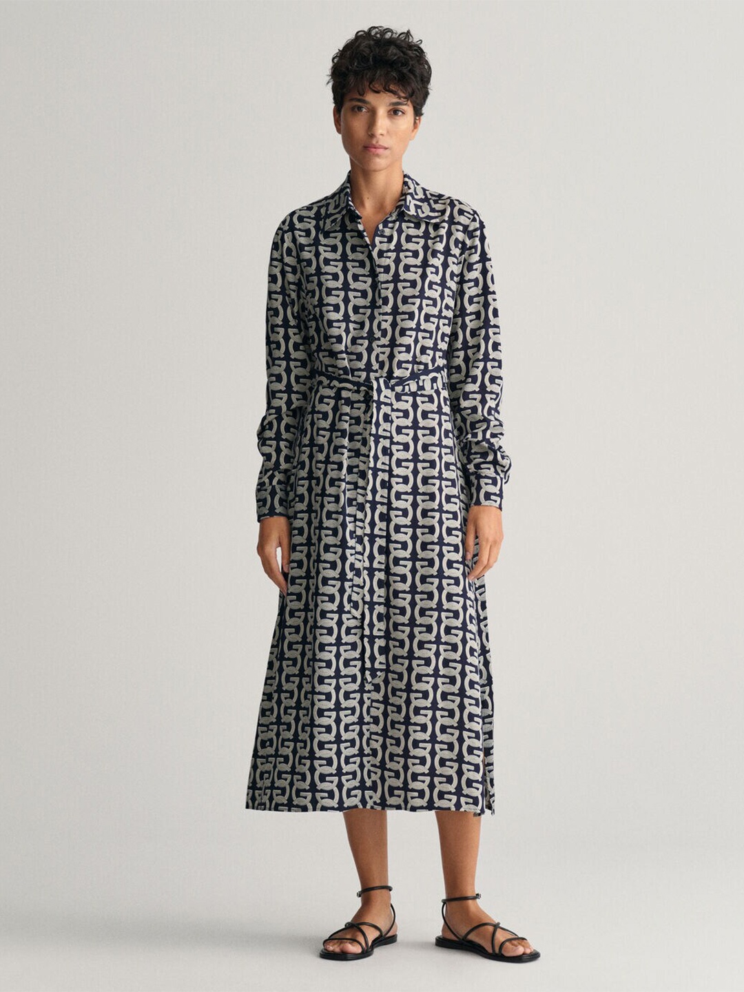 

GANT Geometric Printed Shirt Collar Midi Dress, Navy blue