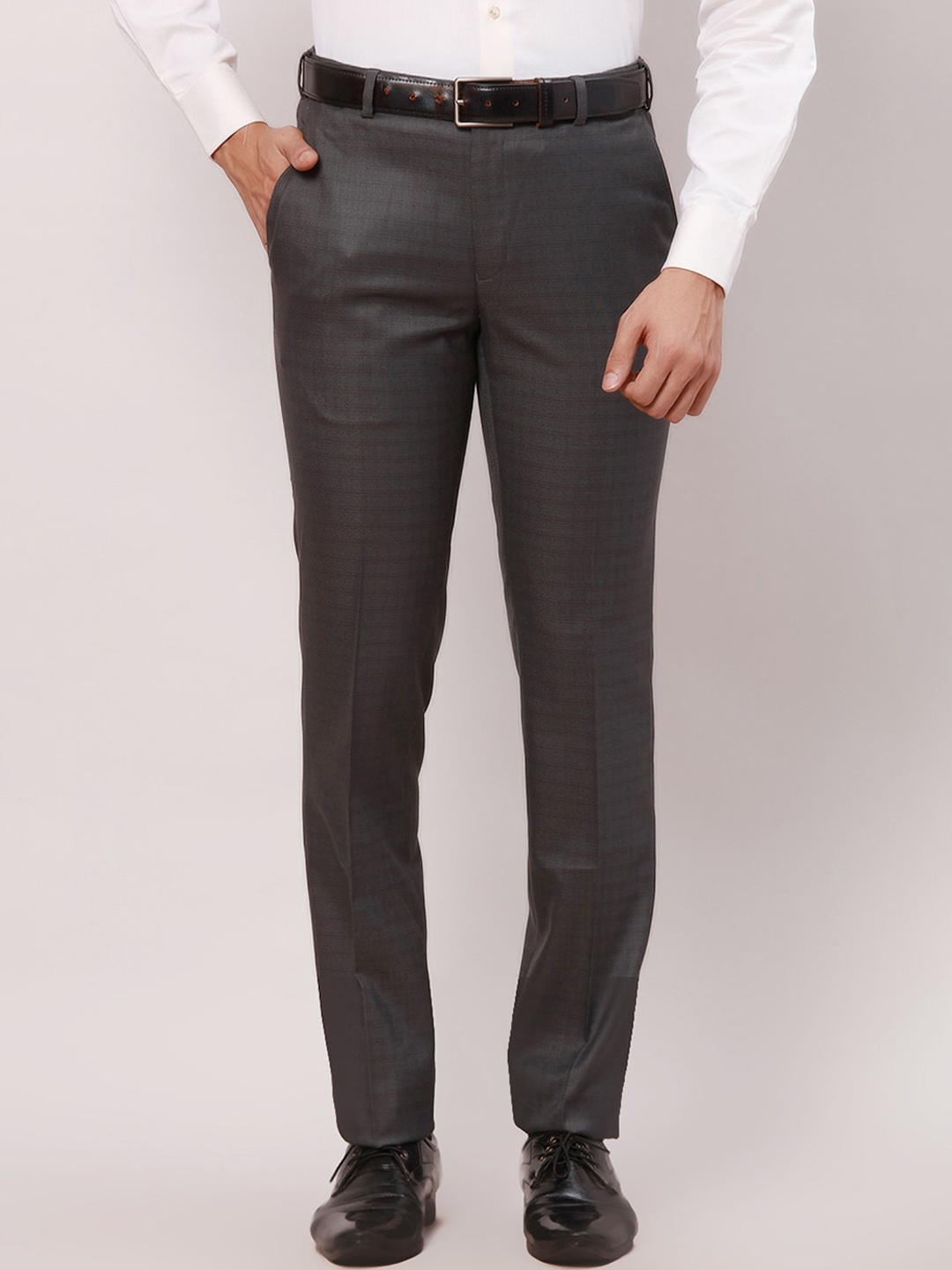 

Raymond Men Checked Slim-Fit Formal Trousers, Grey