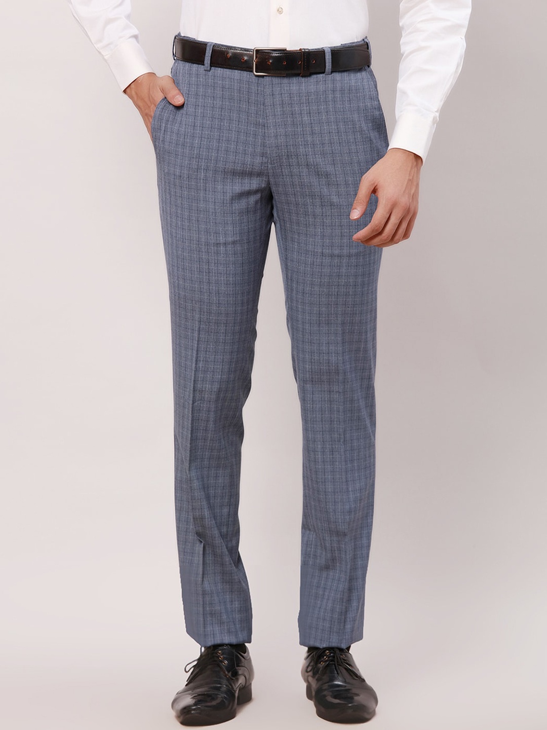 

Raymond Men Checked Slim Fit Formal Trousers, Blue