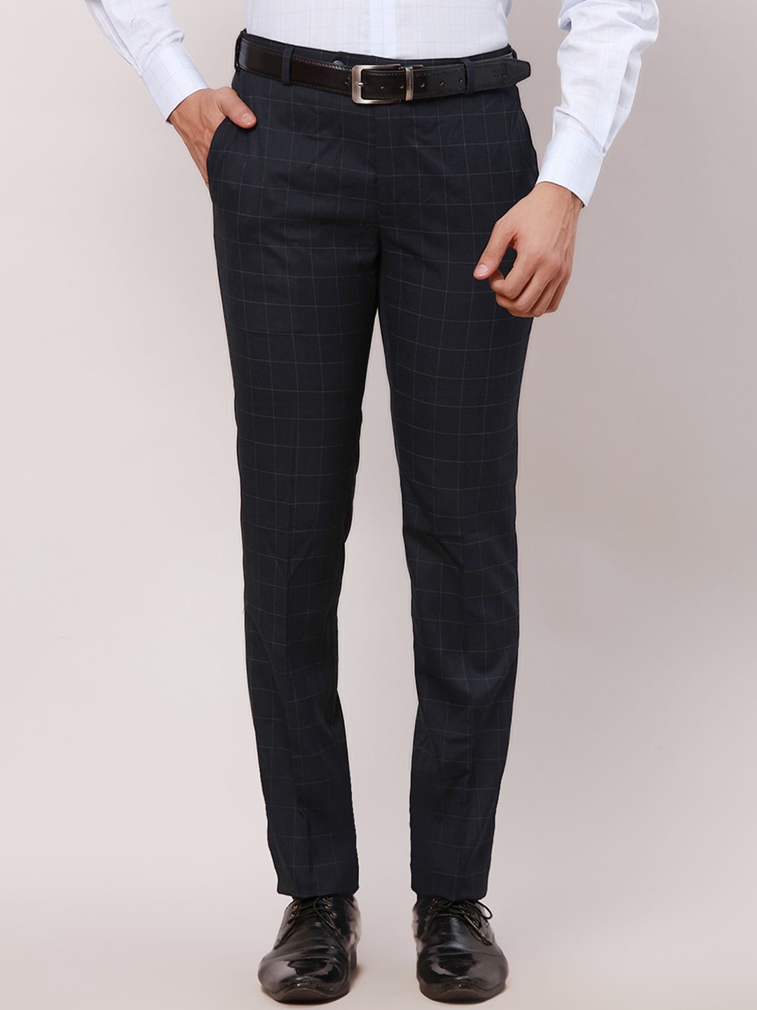 

Raymond Men Checked Contemporary Fit Formal Trousers, Blue