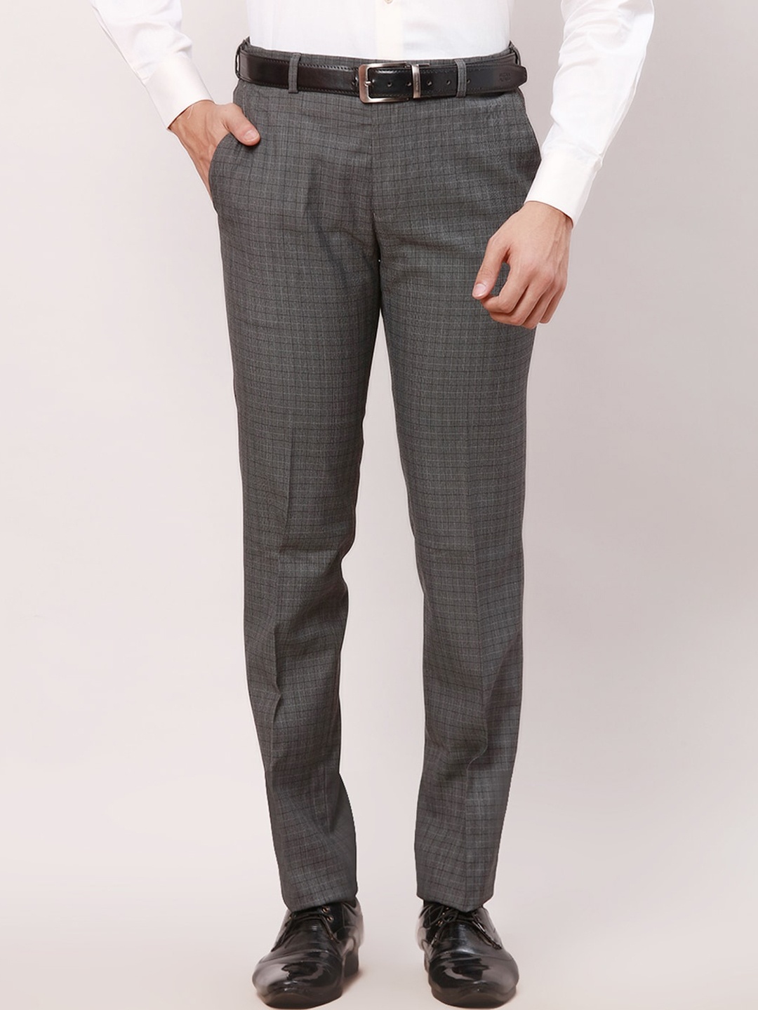 

Raymond Men Checked Slim-Fit Formal Trousers, Grey