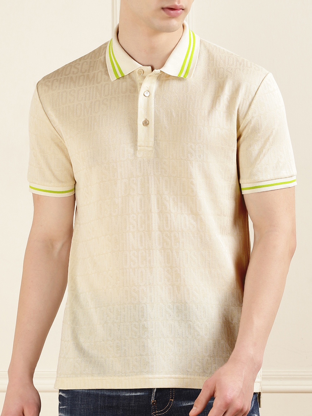 

MOSCHINO COUTURE Men Dyed High Neck Indigo Raw Edge T-shirt, Beige