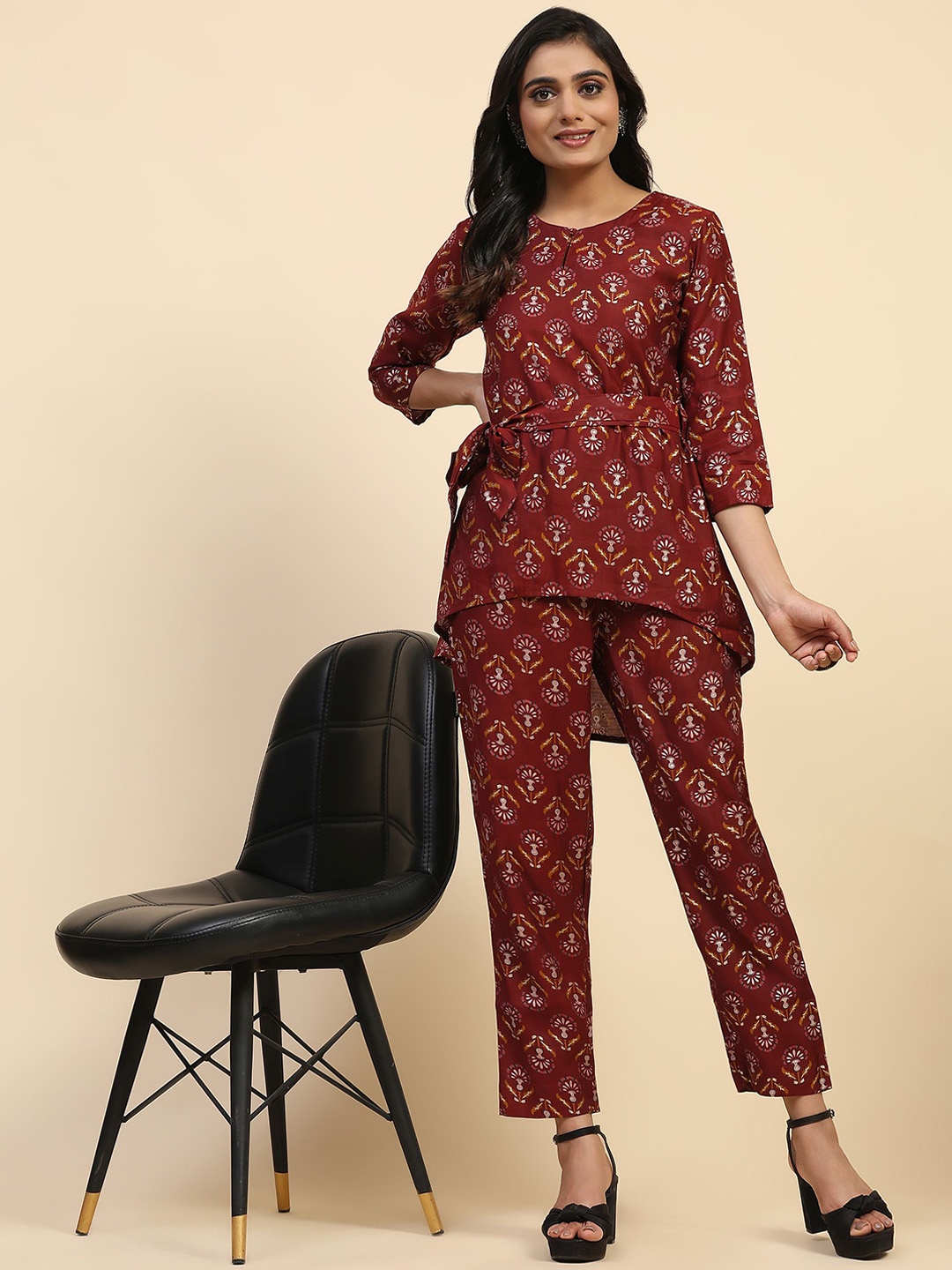 

Phenav Floral Printed Top With Trousers, Maroon