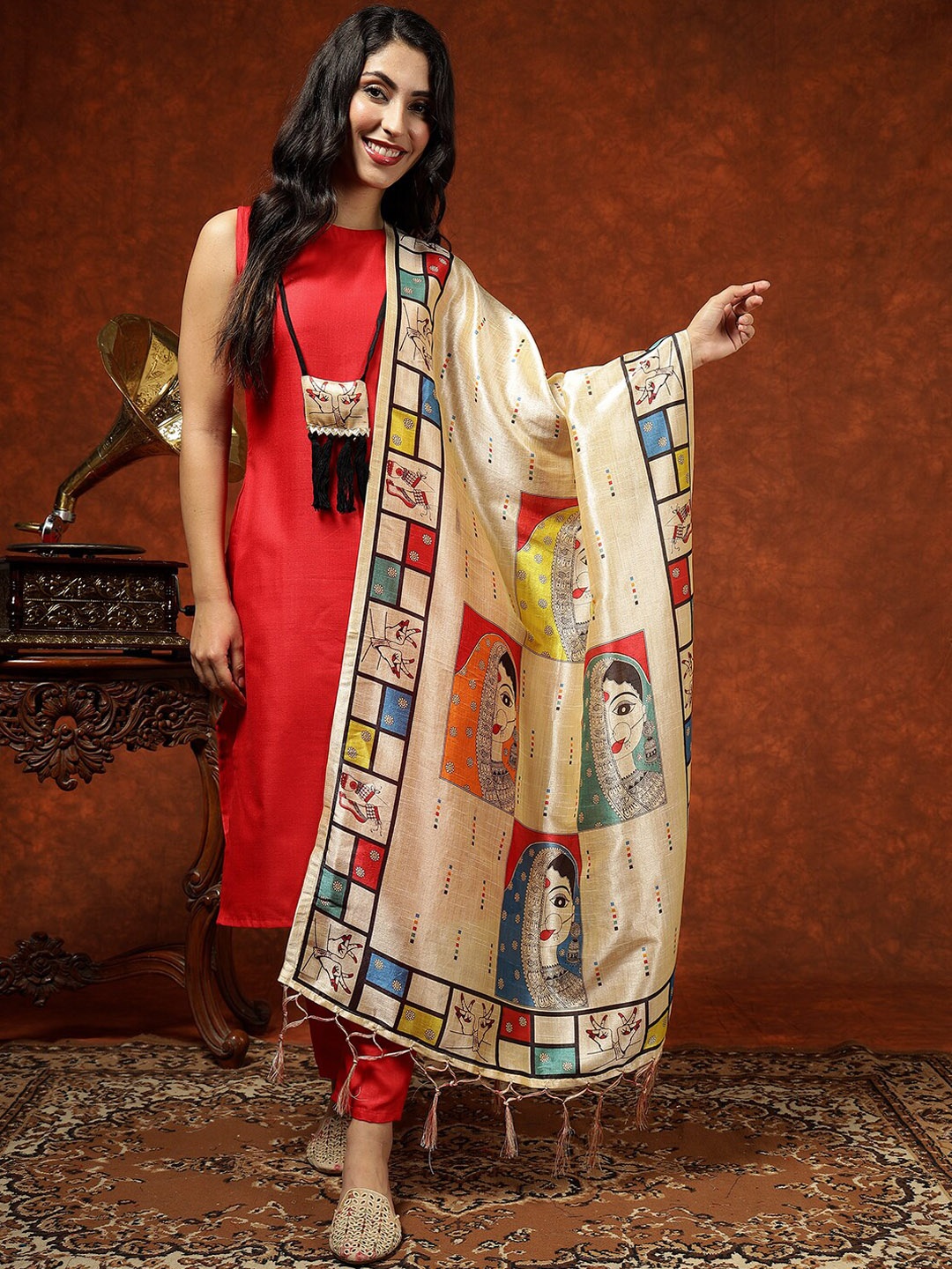 

KALINI Printed Straight Kurta & Trousers With Dupatta, Red