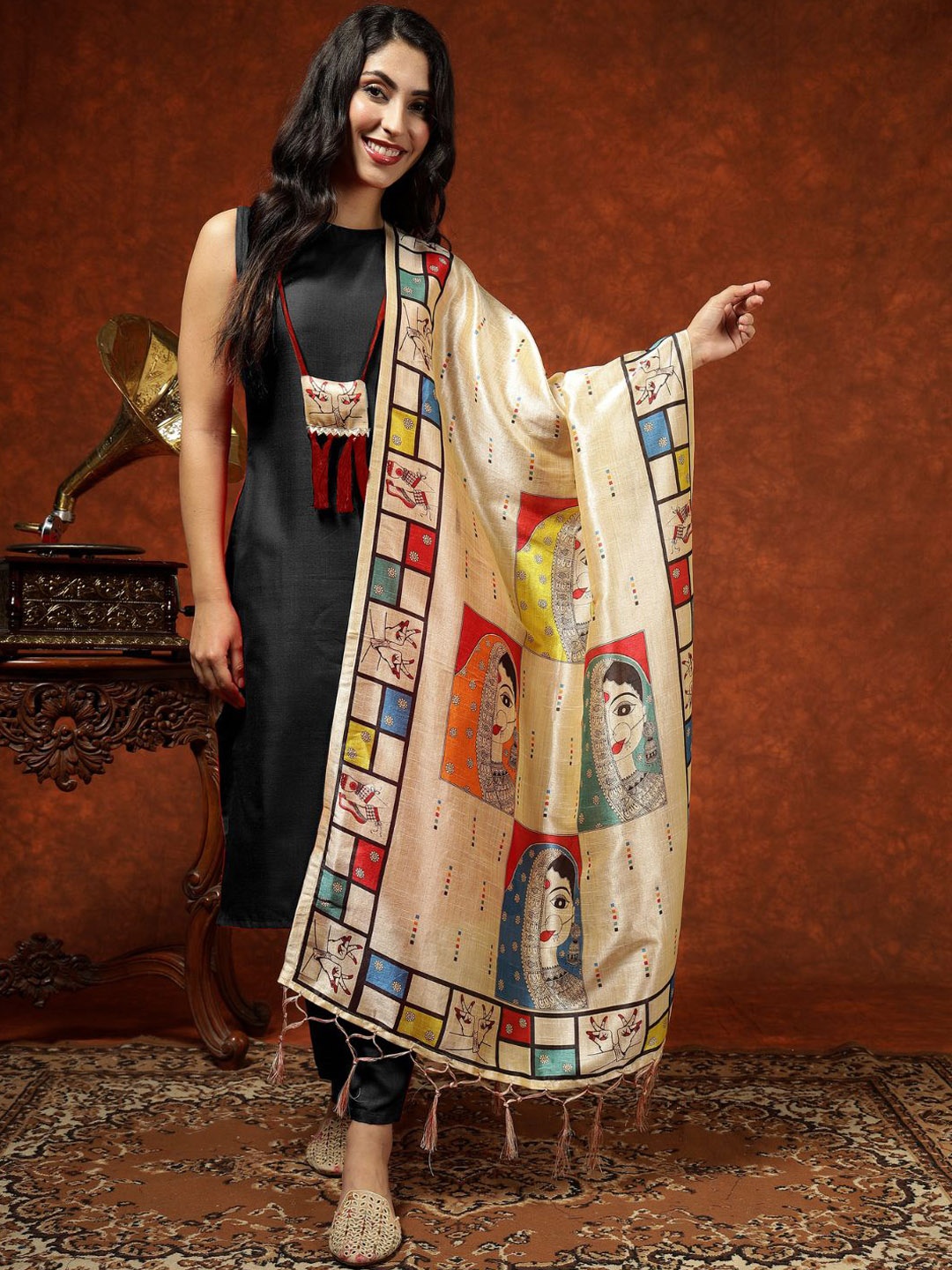 

KALINI Round Neck Kurta & Trousers With Dupatta, Black