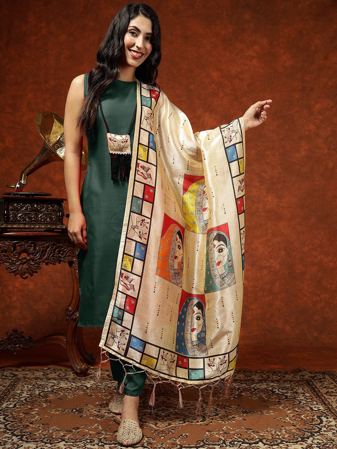 

KALINI Printed Straight Kurta & Trousers With Dupatta, Green