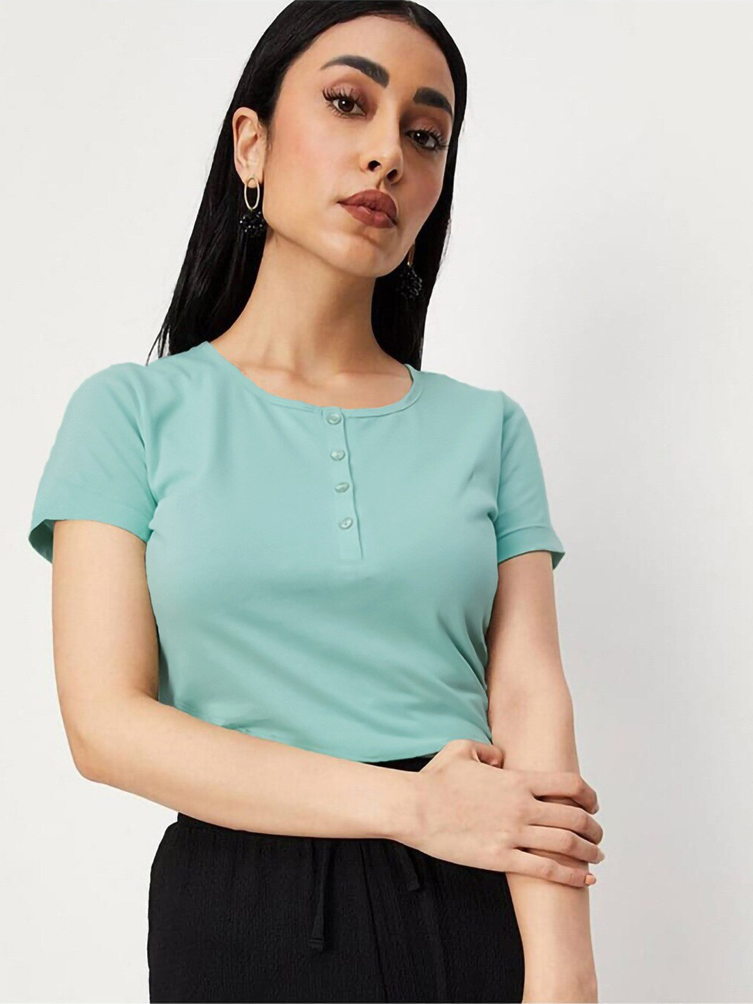 

The Dry State Women Henley Neck Pockets T-shirt, Green
