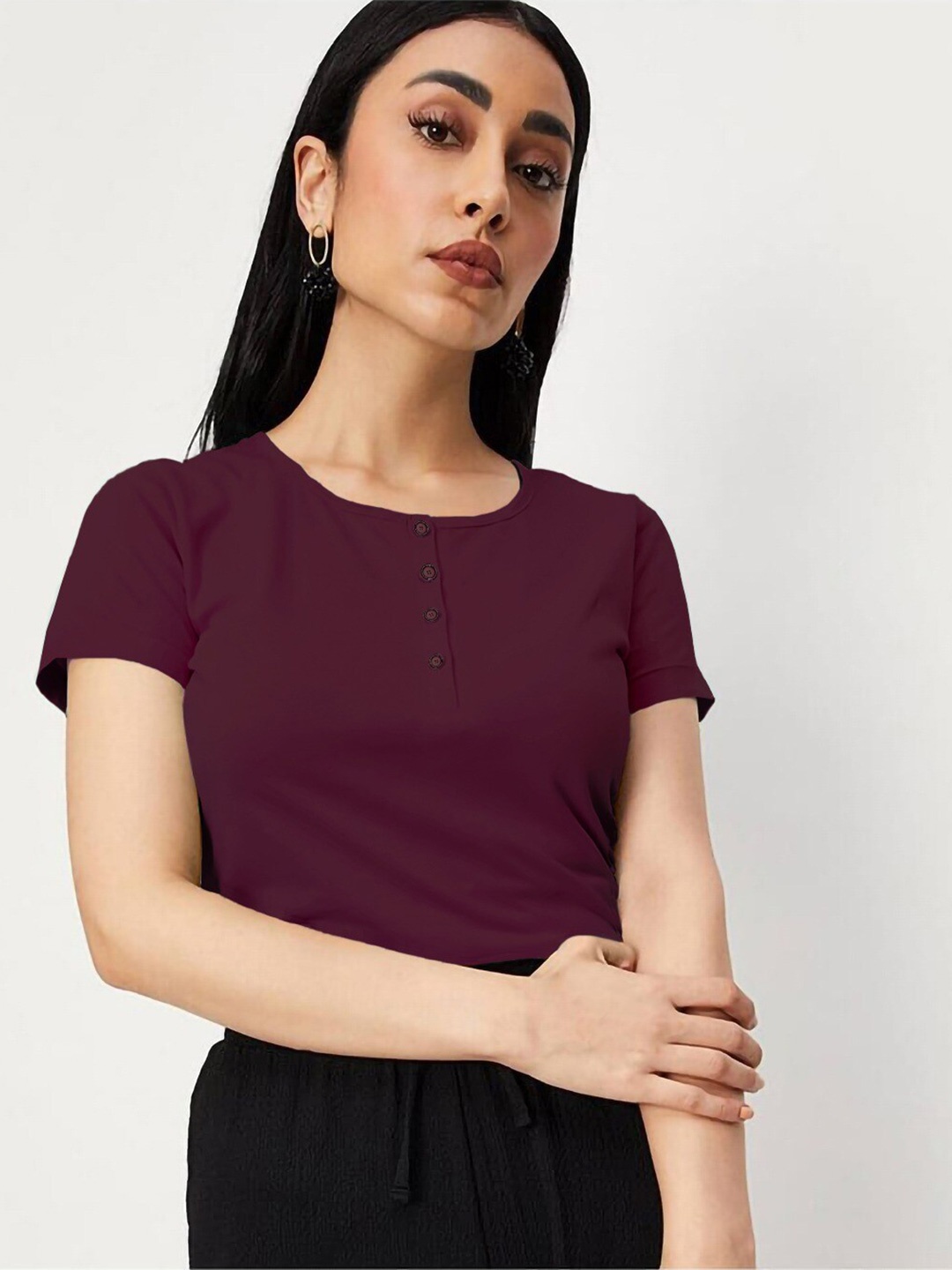 

The Dry State Women Henley Neck Pockets T-shirt, Burgundy