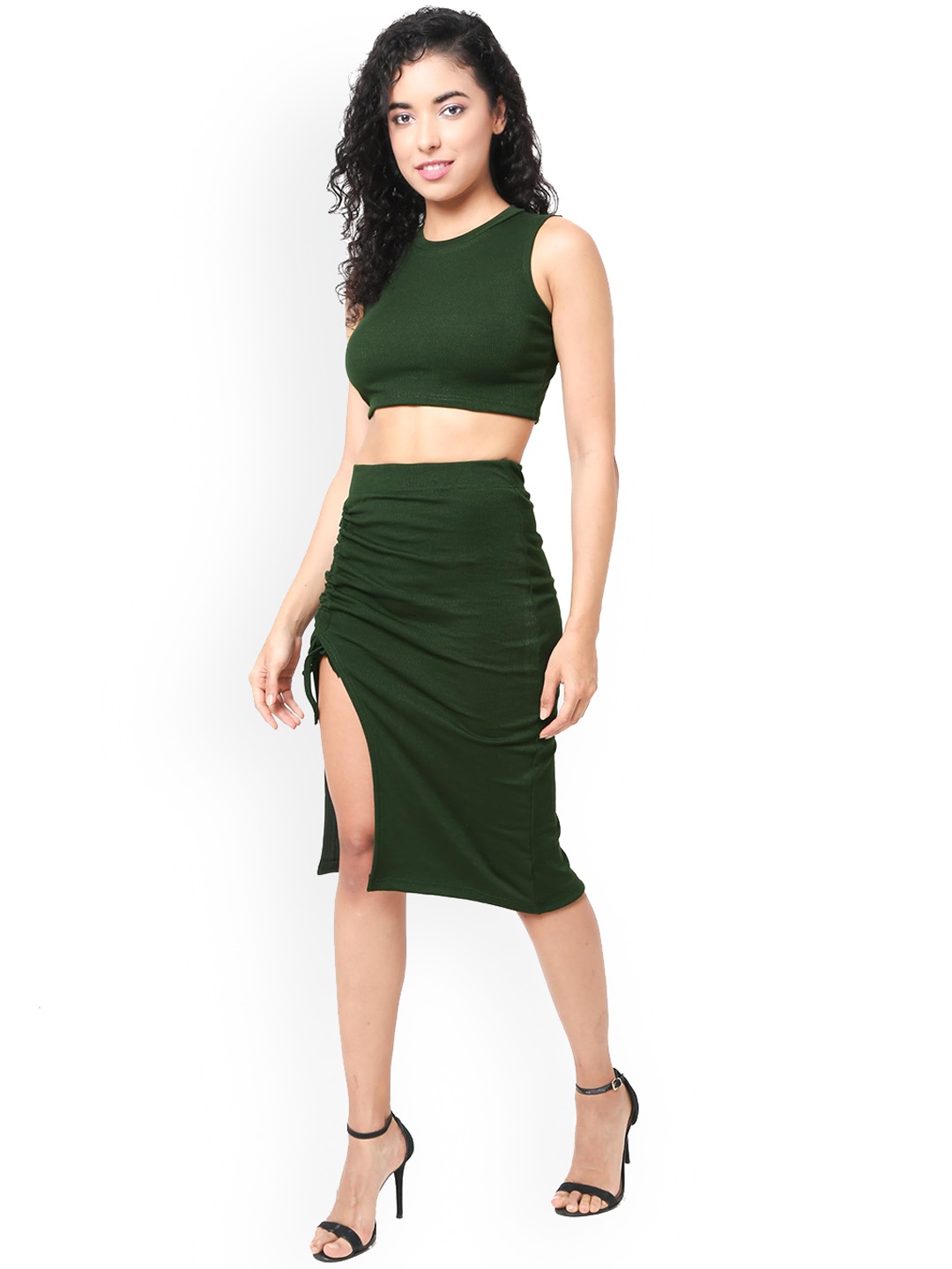 

CareDone Round Neck Sleeveless Crop Top With Ruched Skirt, Olive