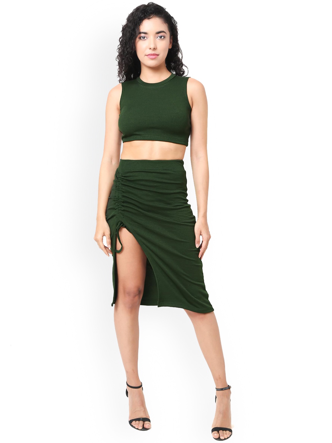 

CareDone Round Neck Sleeveless Crop Top With Ruched Skirt, Green
