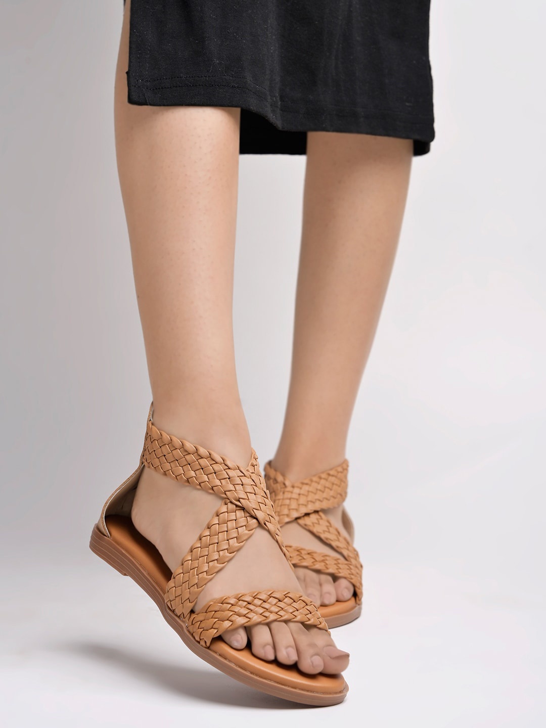 

Shoetopia Textured Open Toe Flats, Tan