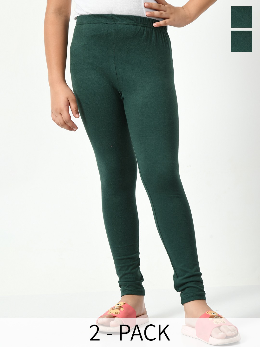 

BAESD Girls Pack Of 2 Solid Churidar Length Leggings, Green
