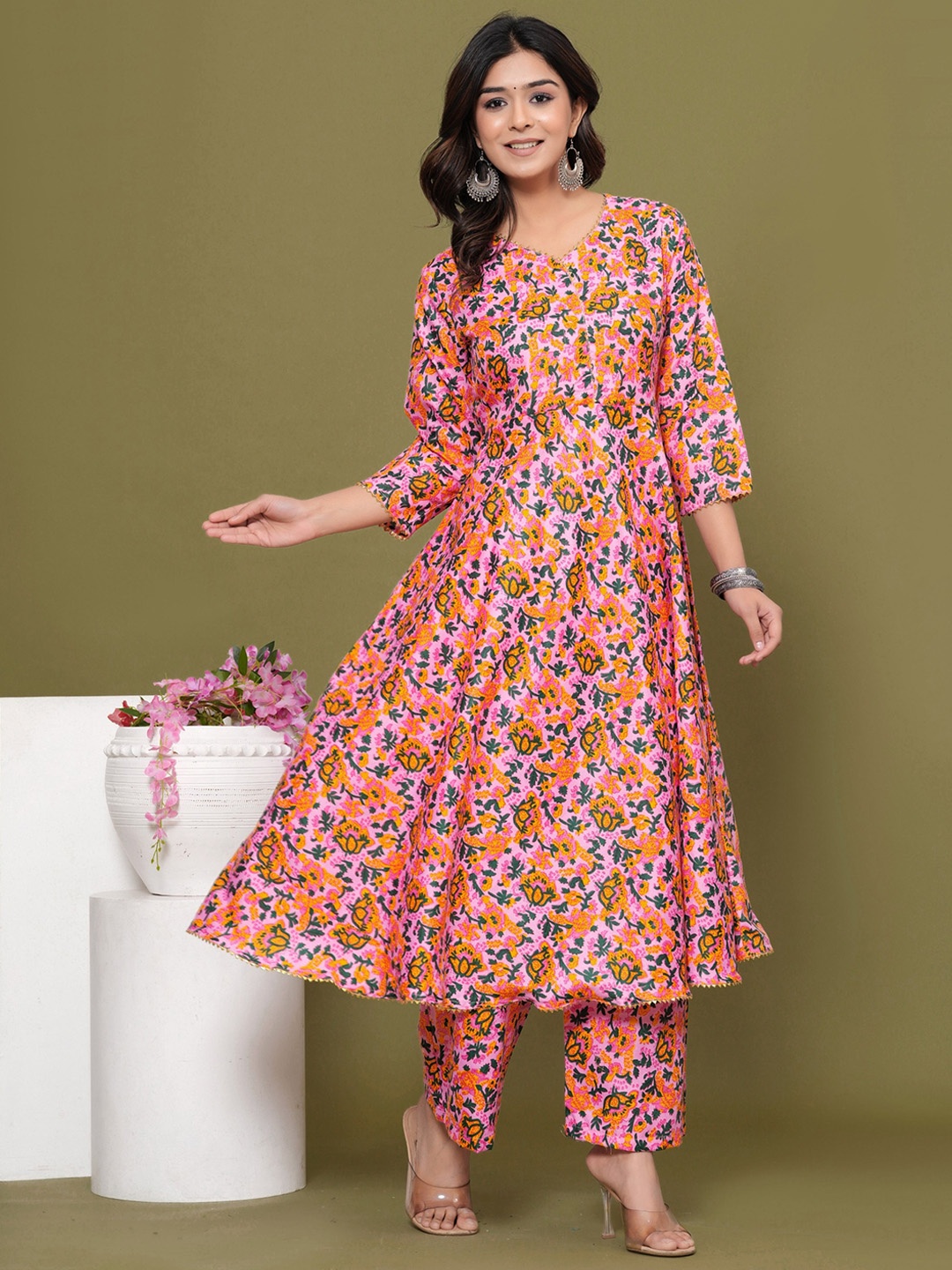 

KALINI Floral Printed A-Line Kurta with Palazzos, Pink