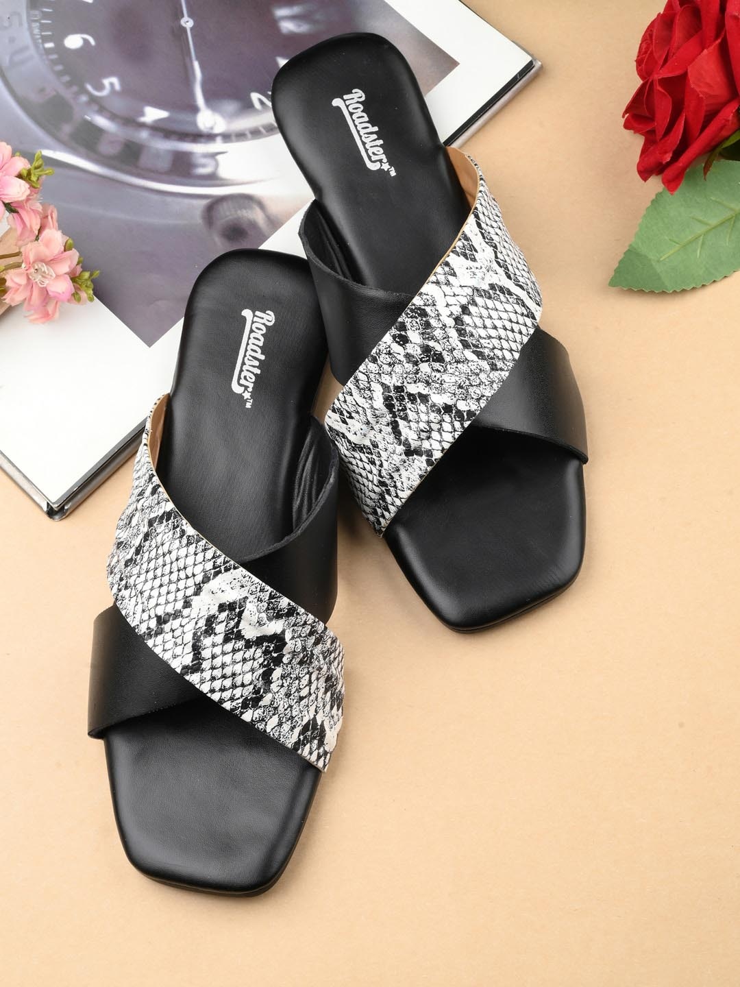 

The Roadster Lifestyle Co. Black Printed Open Toe Flats