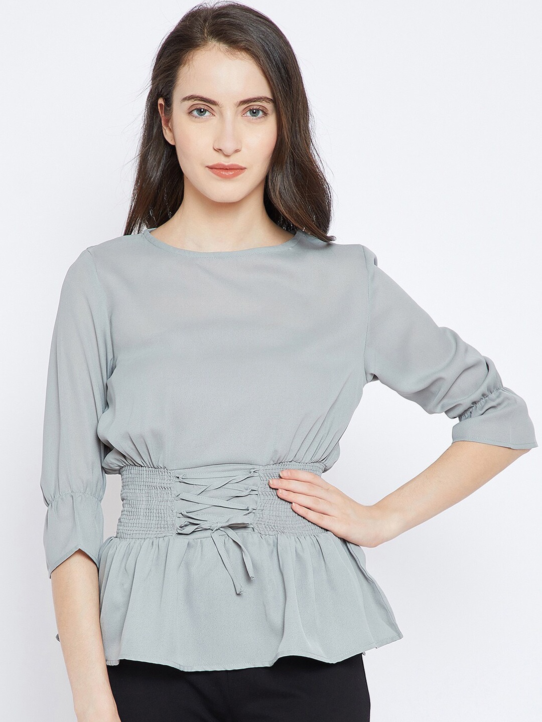 

Ruhaans Crepe Cinched Waist Top, Grey