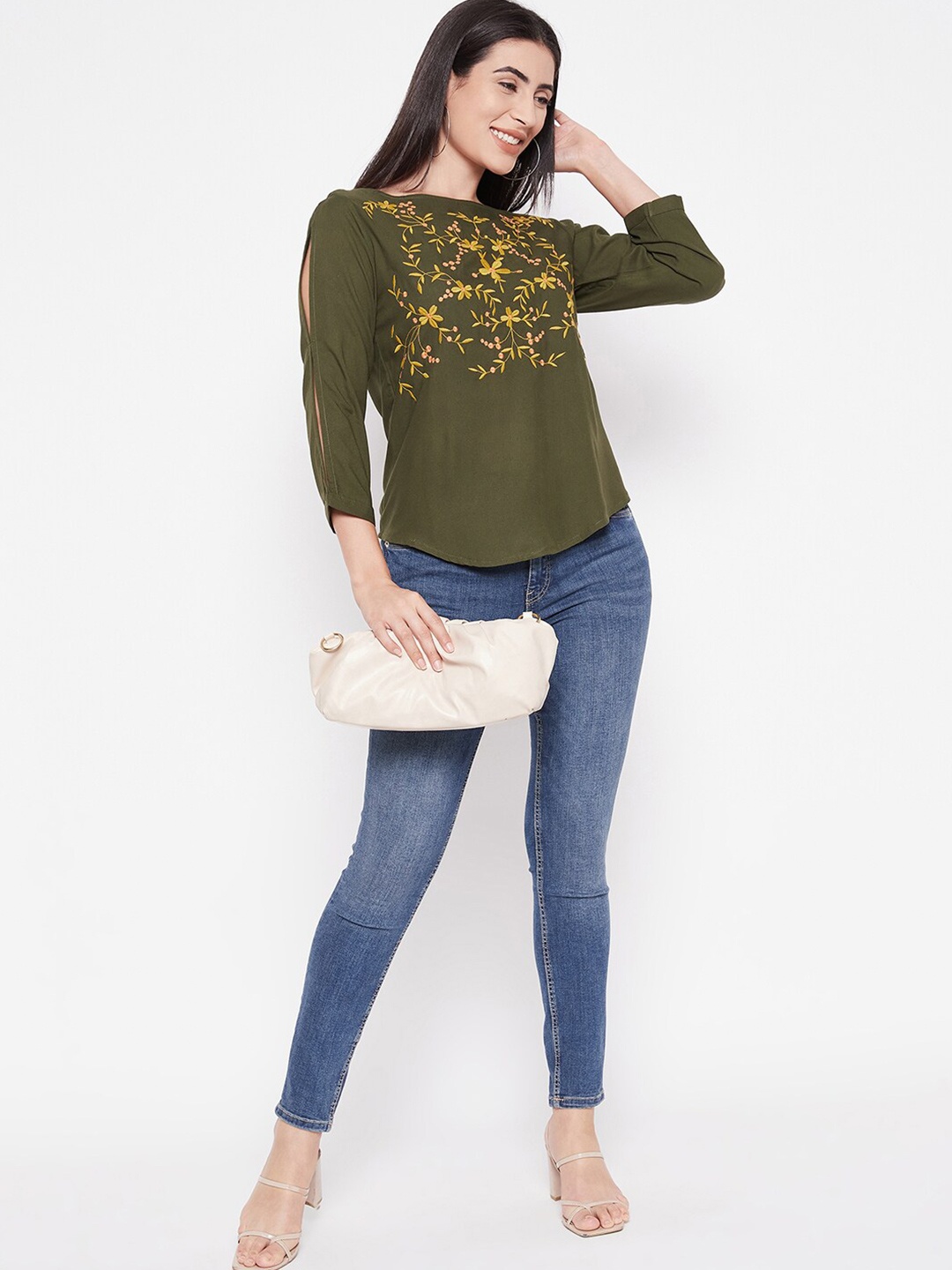 

Ruhaans Floral Print Slit Sleeve Top, Green