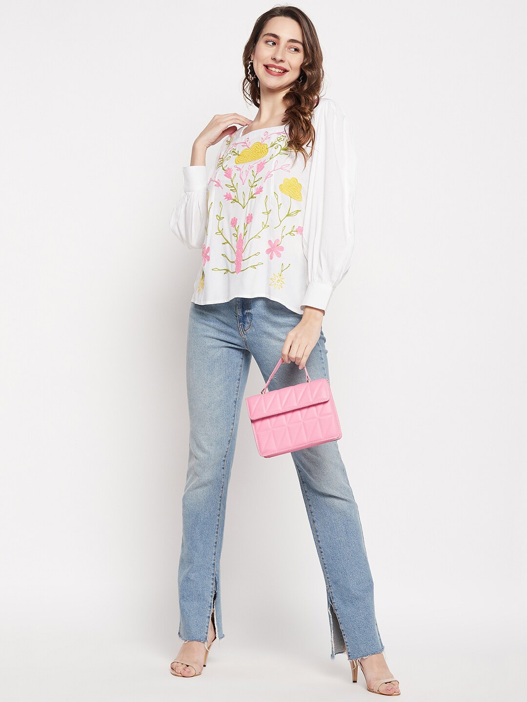 

Ruhaans Floral Print Flared Sleeve Top, White