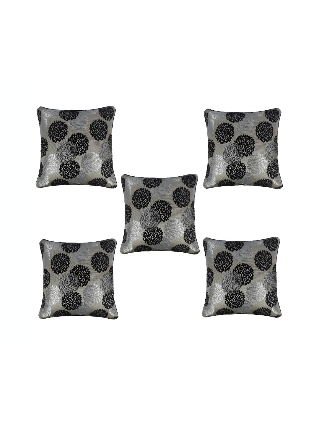 

TANLOOMS Black & Silver Toned 5 Pieces Floral Textured Silk Square Cushion Covers
