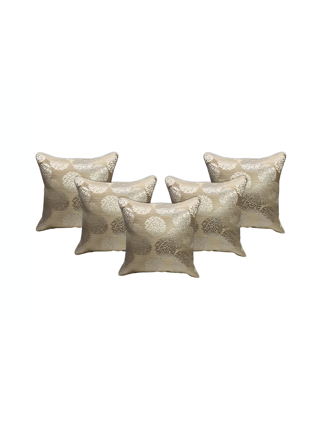 

TANLOOMS Cream & Gold Toned 5 Pieces Floral Textured Silk Square Cushion Covers