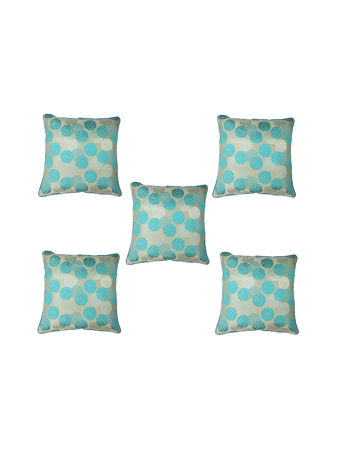 

TANLOOMS Teal & Silver Toned 5 Pieces Floral Textured Silk Square Cushion Covers