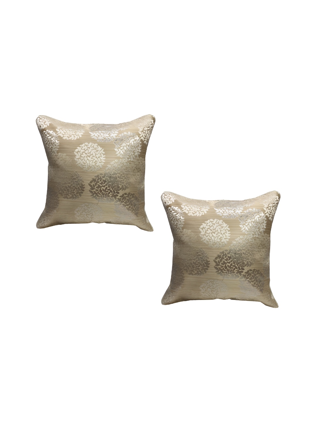 TANLOOMS Cream & Silver Toned 2 Pieces Floral Textured Silk Square Cushion Covers