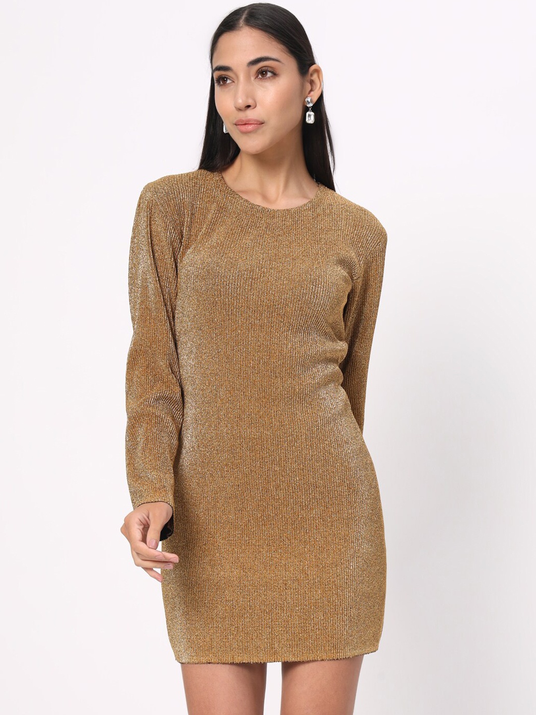 

DEPANO Solid Crepe shimmer Bodycon Mini Dress, Gold
