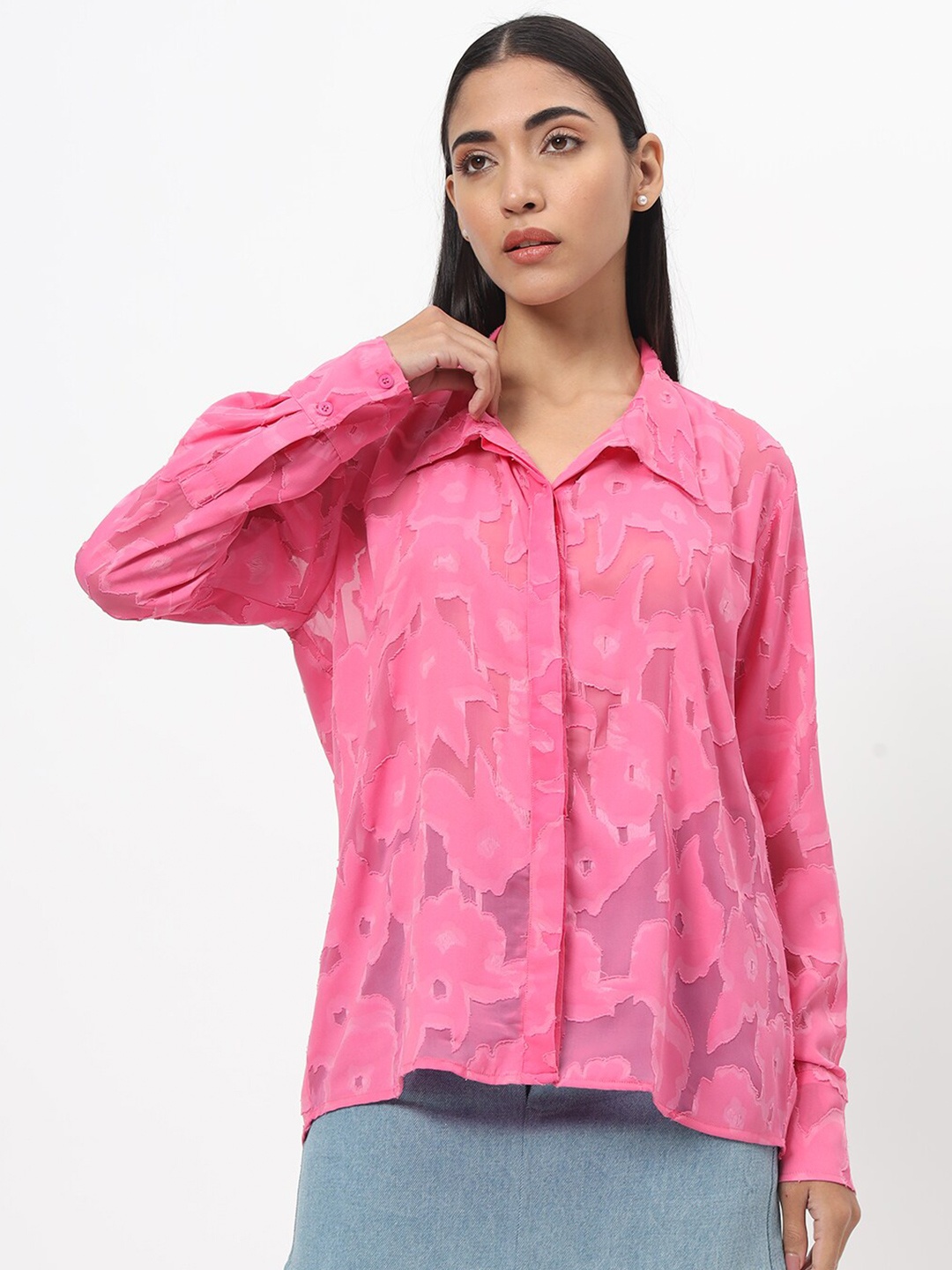 

DEPANO Women Classic Boxy Opaque Printed Party Shirt, Pink