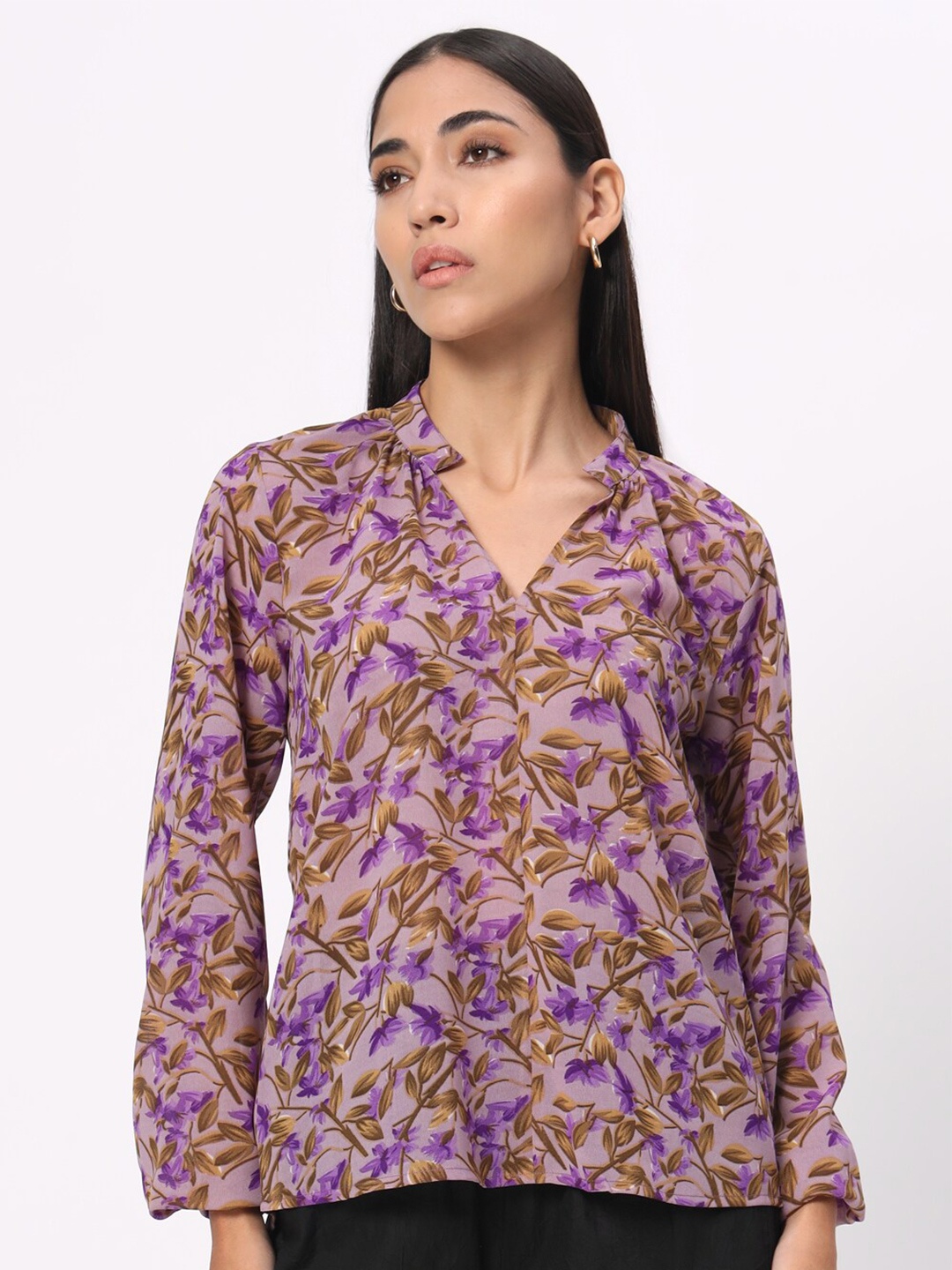 

DEPANO Floral Print Mandarin Collar Georgette Top, Mauve