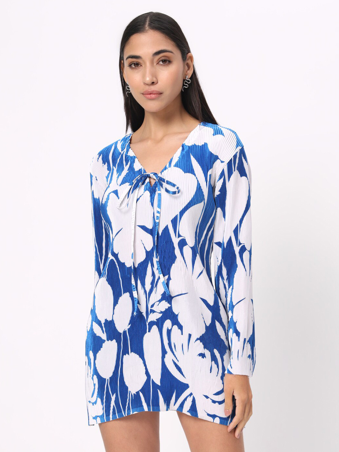 

DEPANO Floral Printed Satin A-Line Dress, Blue
