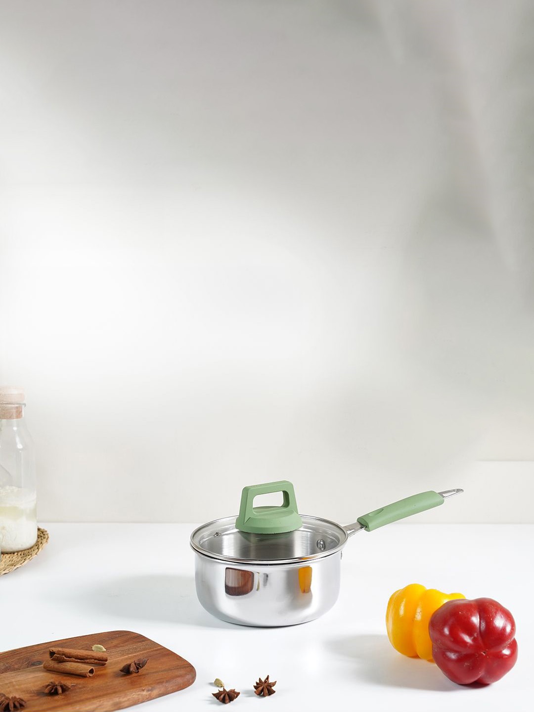 

Kreme Silver toned & Green Stainless Steel Dishwasher Safe Sauce Pan With Lid
