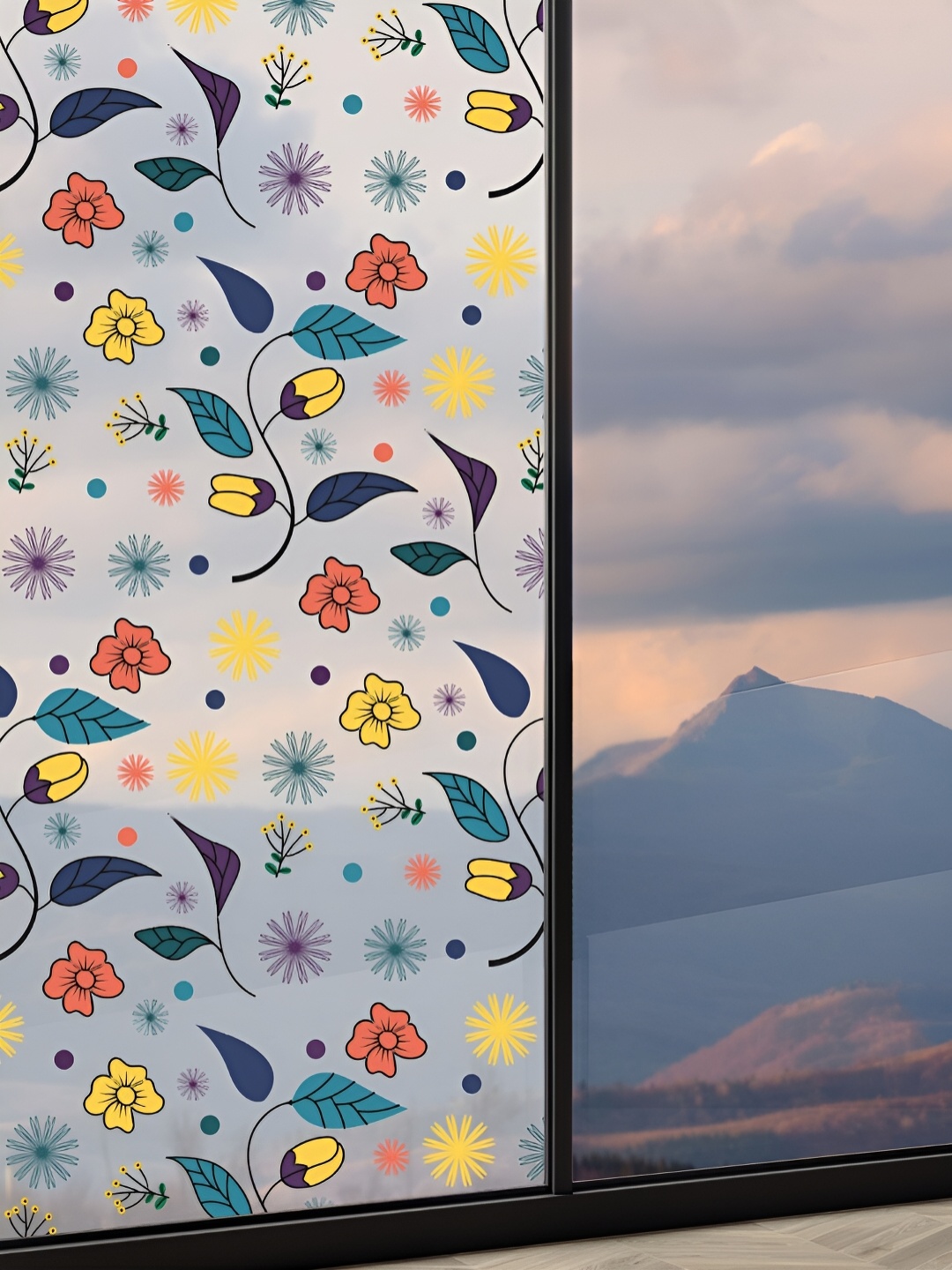 

CVANU Transparent & Blue Floral Printed Self-Adhesive Window Film