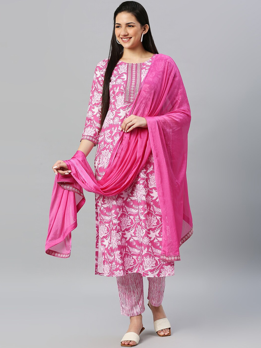 

KALINI Floral Printed Thread Work Detail Straight Kurta & Trouser With Dupatta, Pink