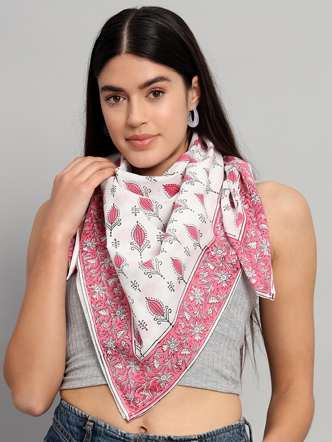 

HANDICRAFT PALACE Floral Printed Cotton Square Scarf, White