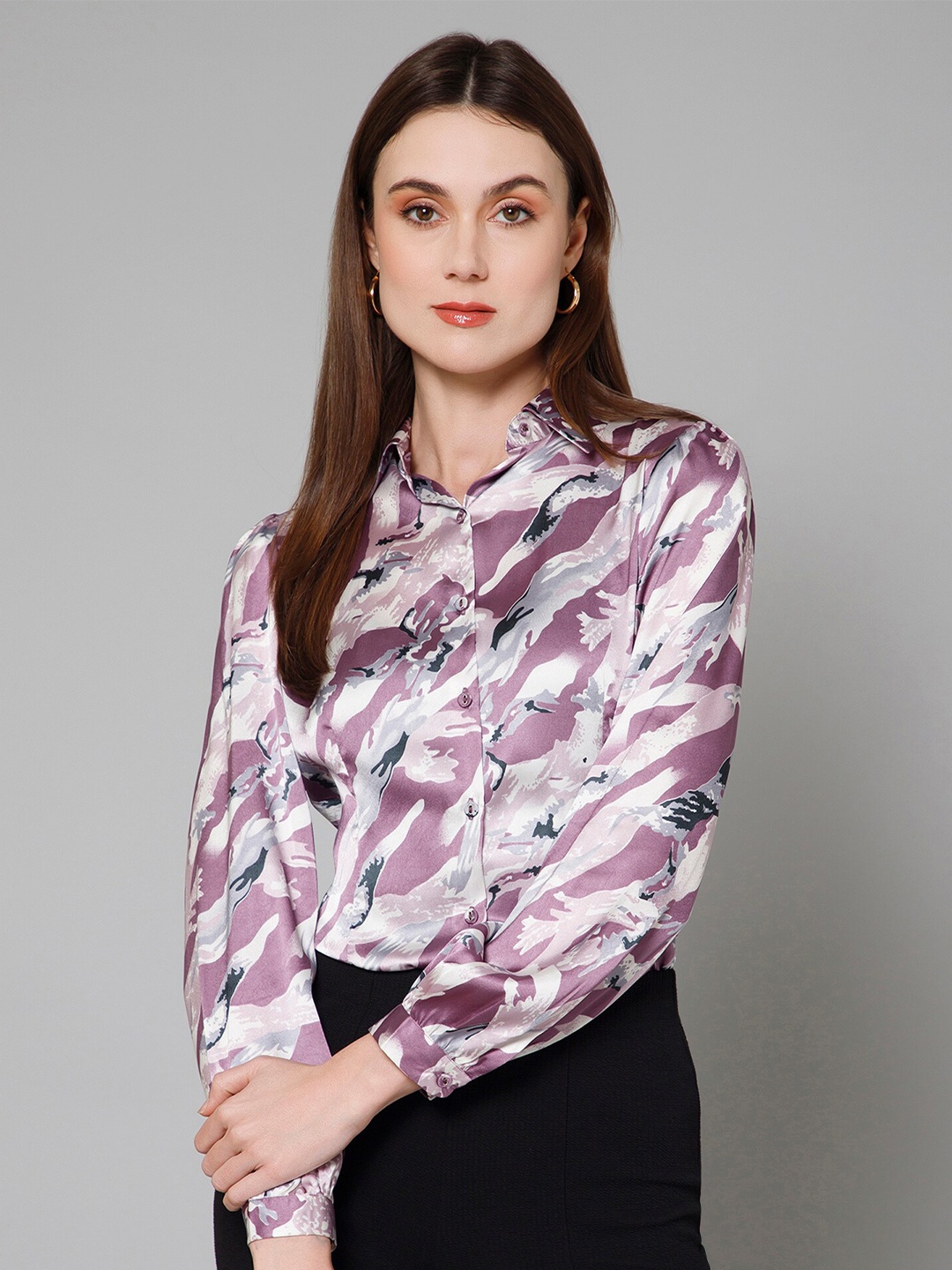 

PURYS Smart Abstract Printed Spread Collar Long Sleeves Satin Casual Shirt, Grey