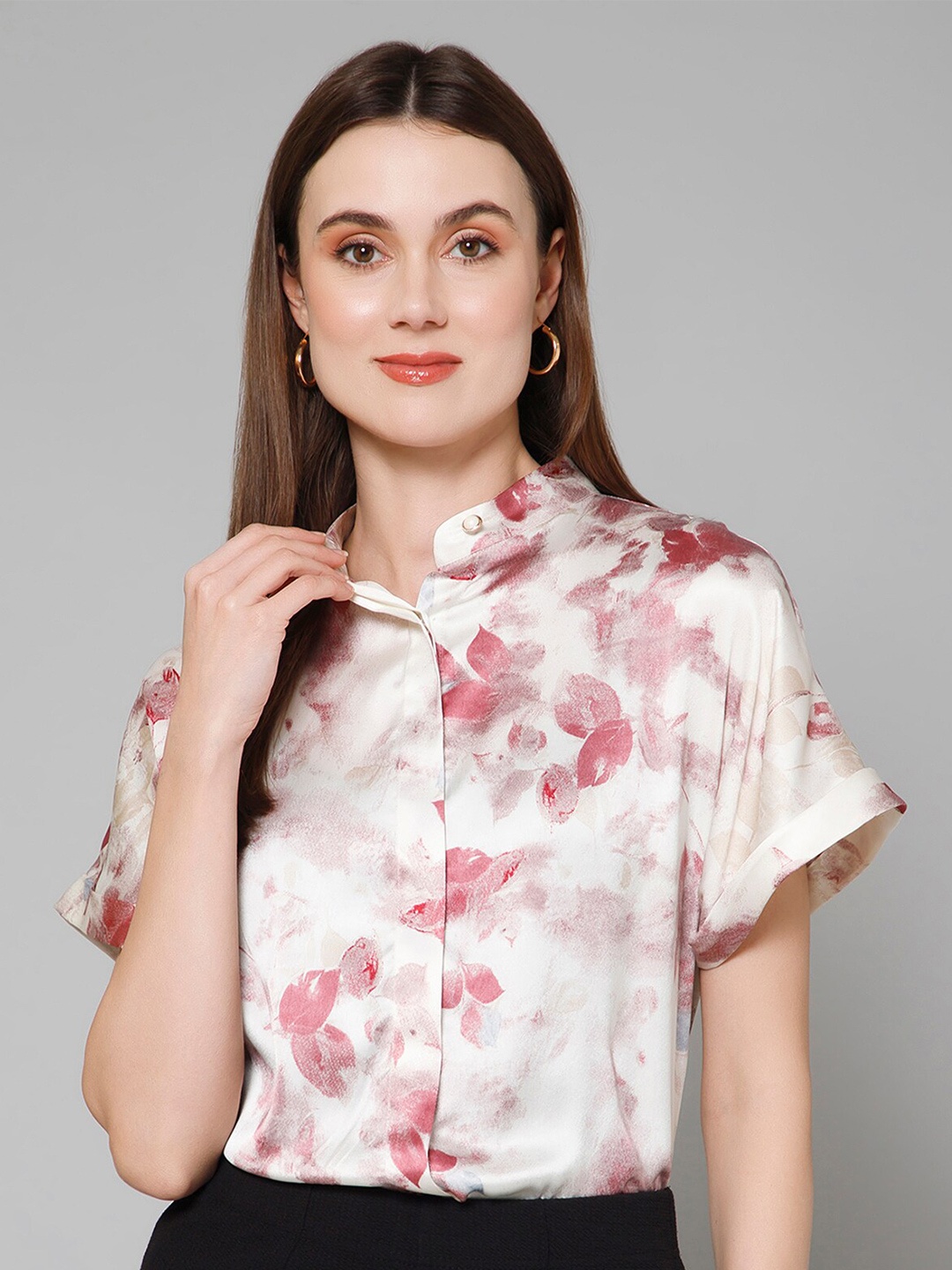 

PURYS Smart Floral Printed Band Collar Short Sleeves Satin Casual Shirt, Red