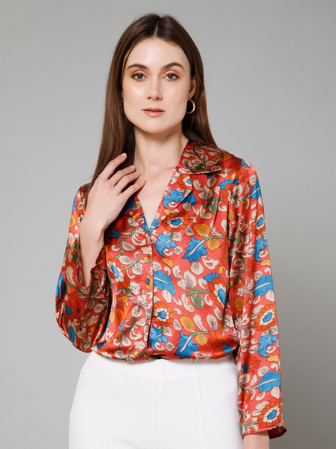 

PURYS Smart Floral Printed Cuban Collar Long Sleeves Satin Casual Shirt, Red
