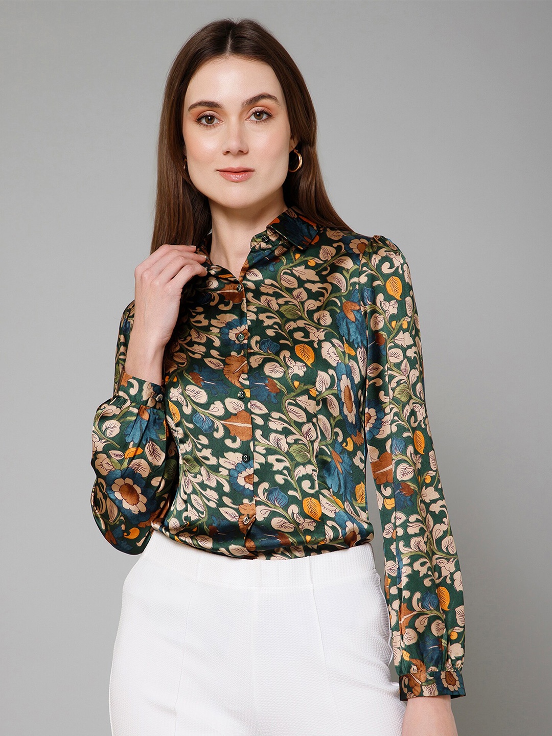 

PURYS Smart Floral Printed Spread Collar Long Sleeves Satin Casual Shirt, Green