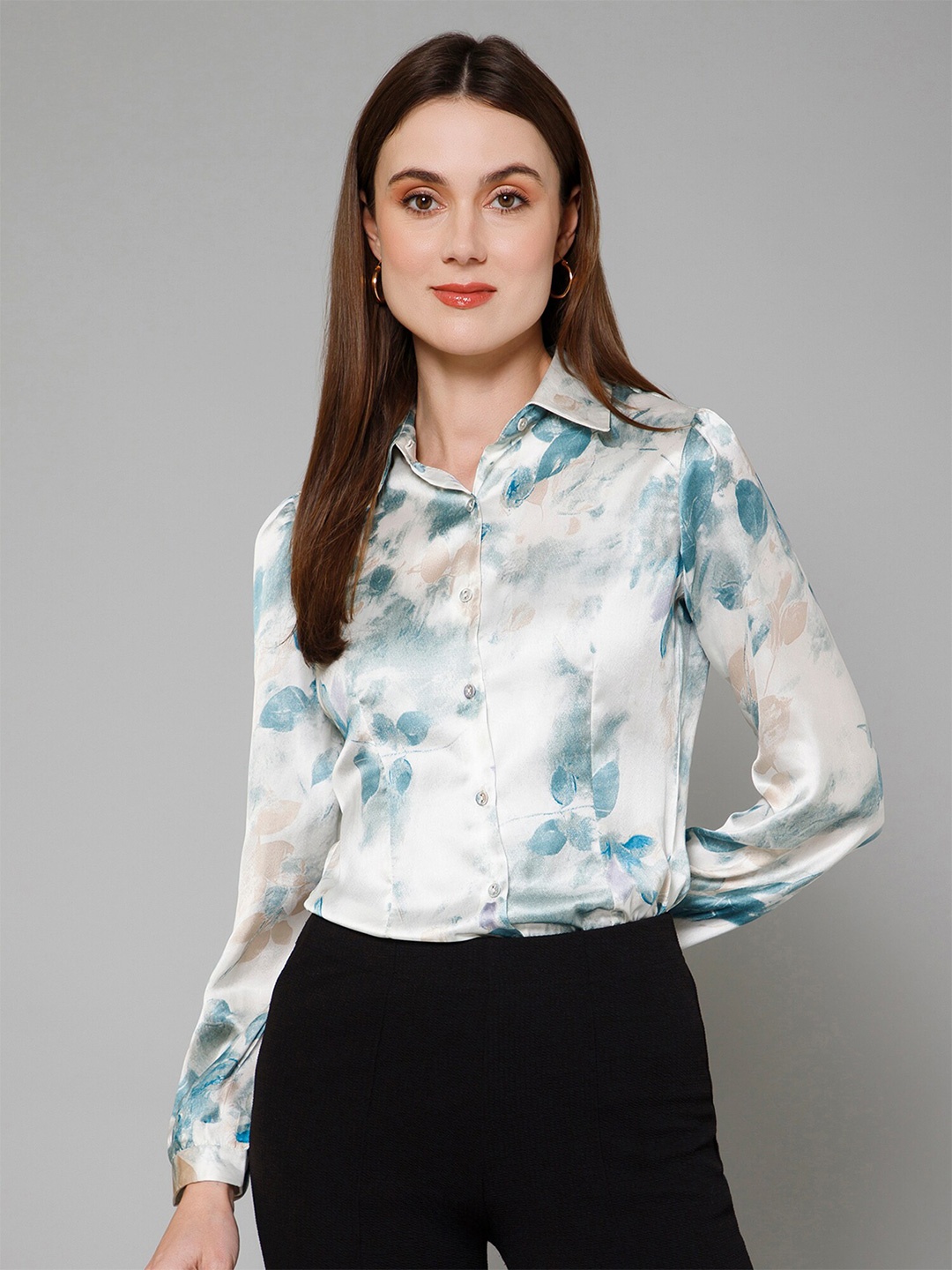 

PURYS Smart Floral Printed Spread Collar Long Sleeves Satin Casual Shirt, Green