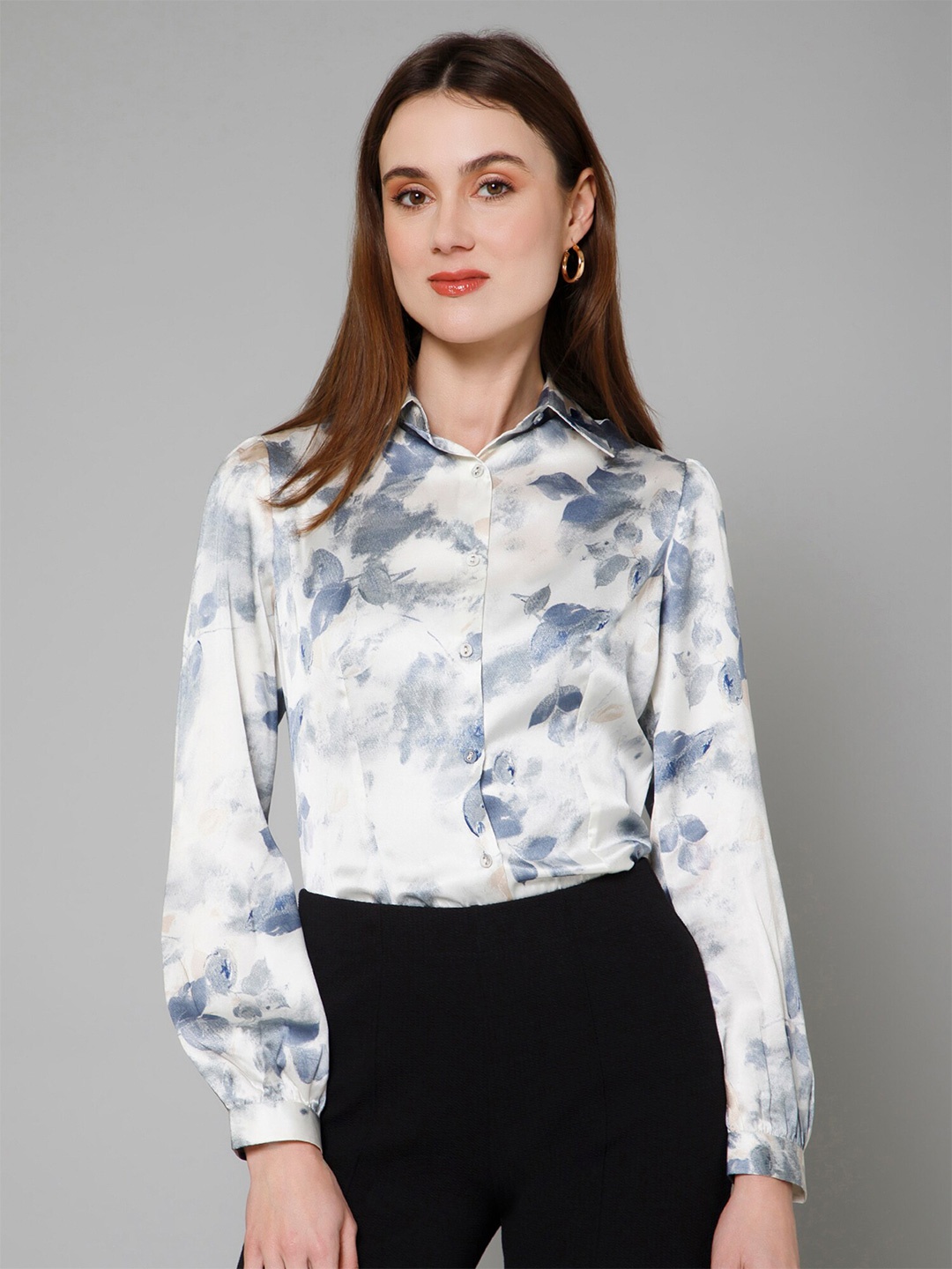 

PURYS Smart Floral Printed Spread Collar Long Sleeves Satin Casual Shirt, Blue