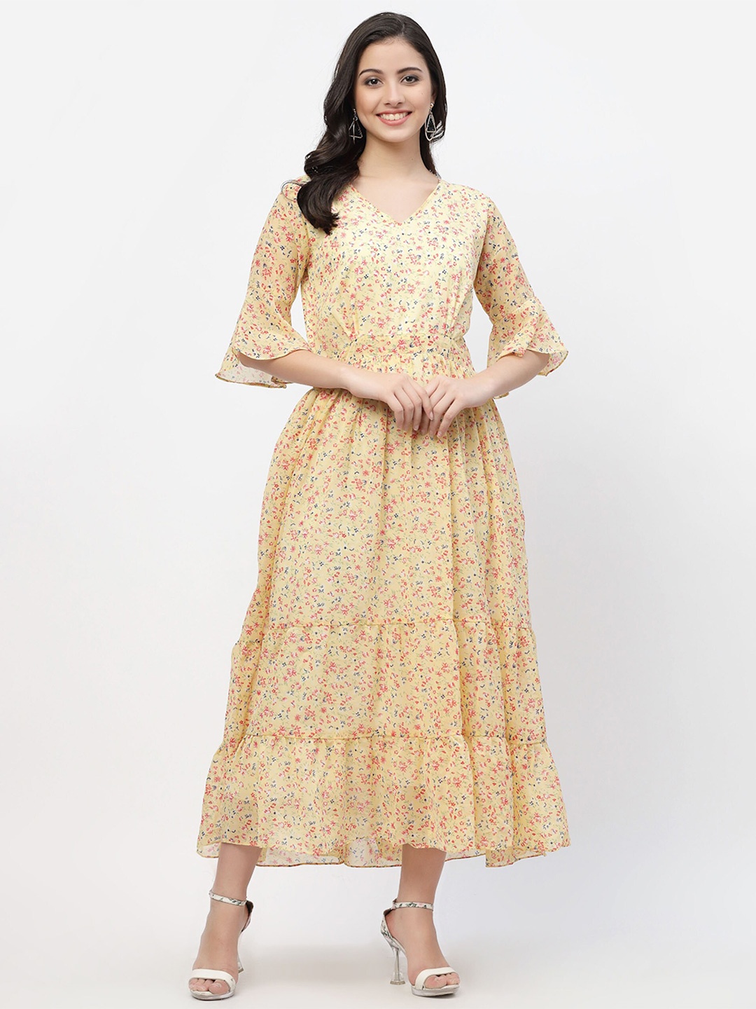 

MISS AYSE Floral Printed Bell Sleeve Georgette Fit & Flare Maxi Dress, Yellow