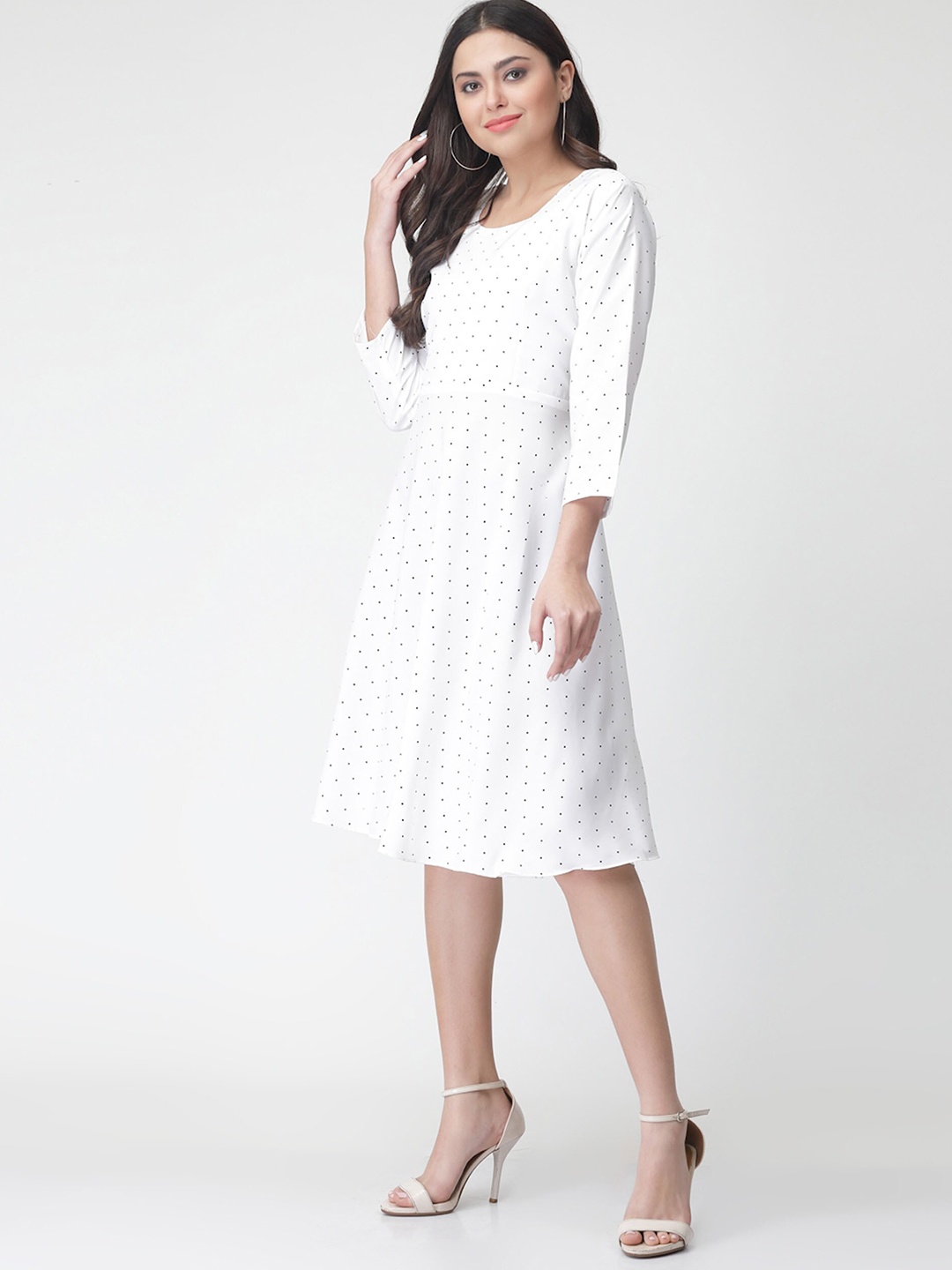 

MISS AYSE Polka Dots Printed Georgette Tie Up A-Line Dress, White