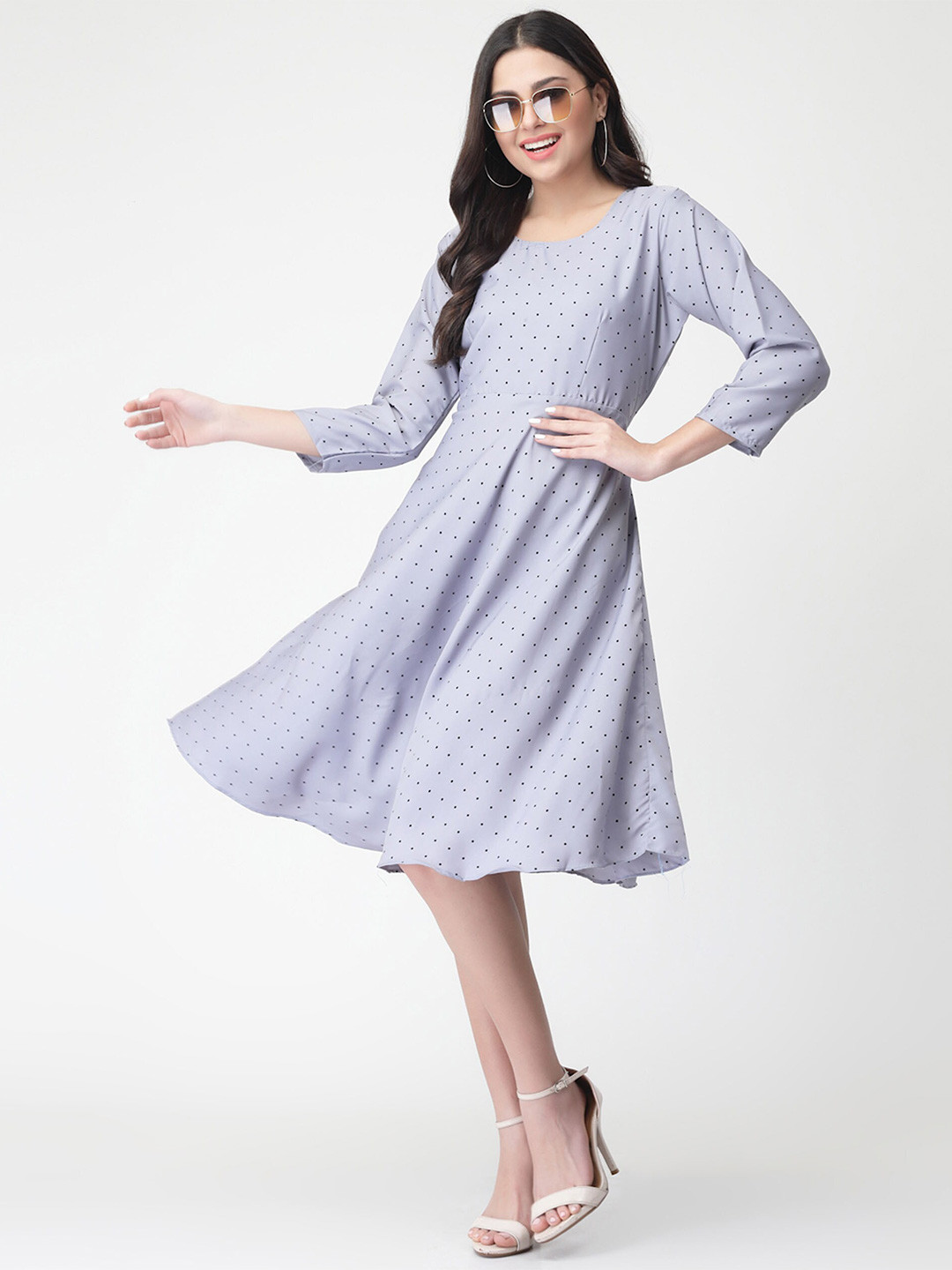 

MISS AYSE Women Polka Dots Printed Fit & Flare Dress, Grey