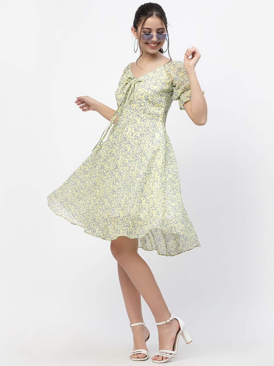 

MISS AYSE Women Floral Printed Puff Sleeve Fit & Flare Dress, Green