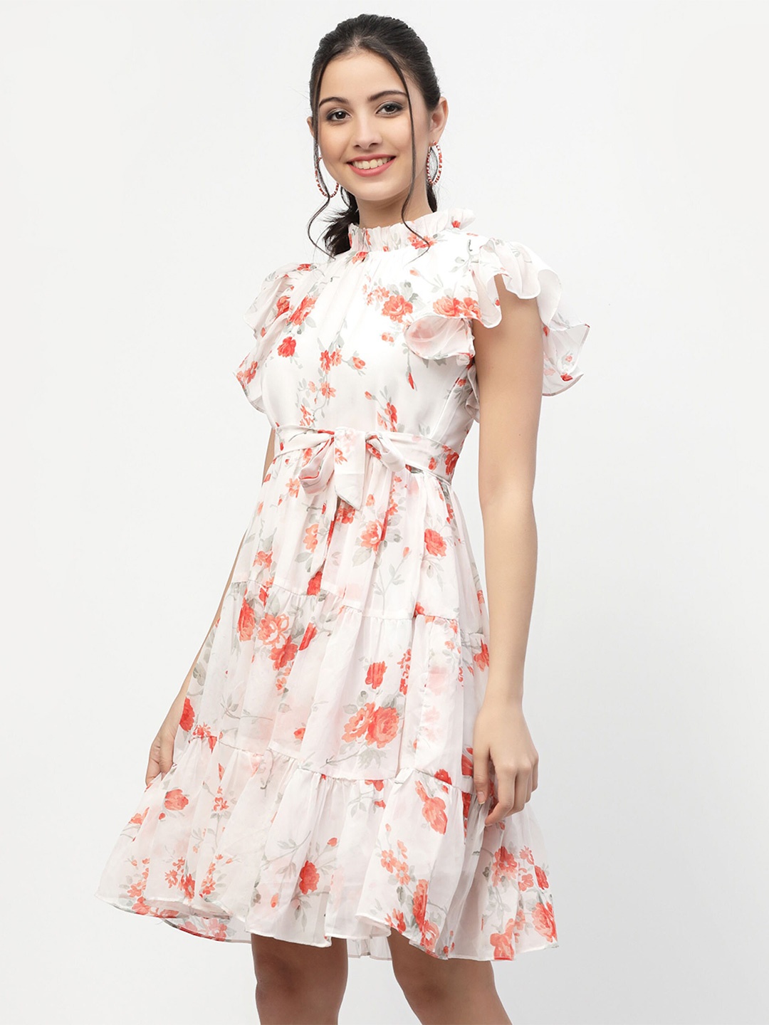 

MISS AYSE Floral Printed Georgette Fit & Flare Dress, Orange