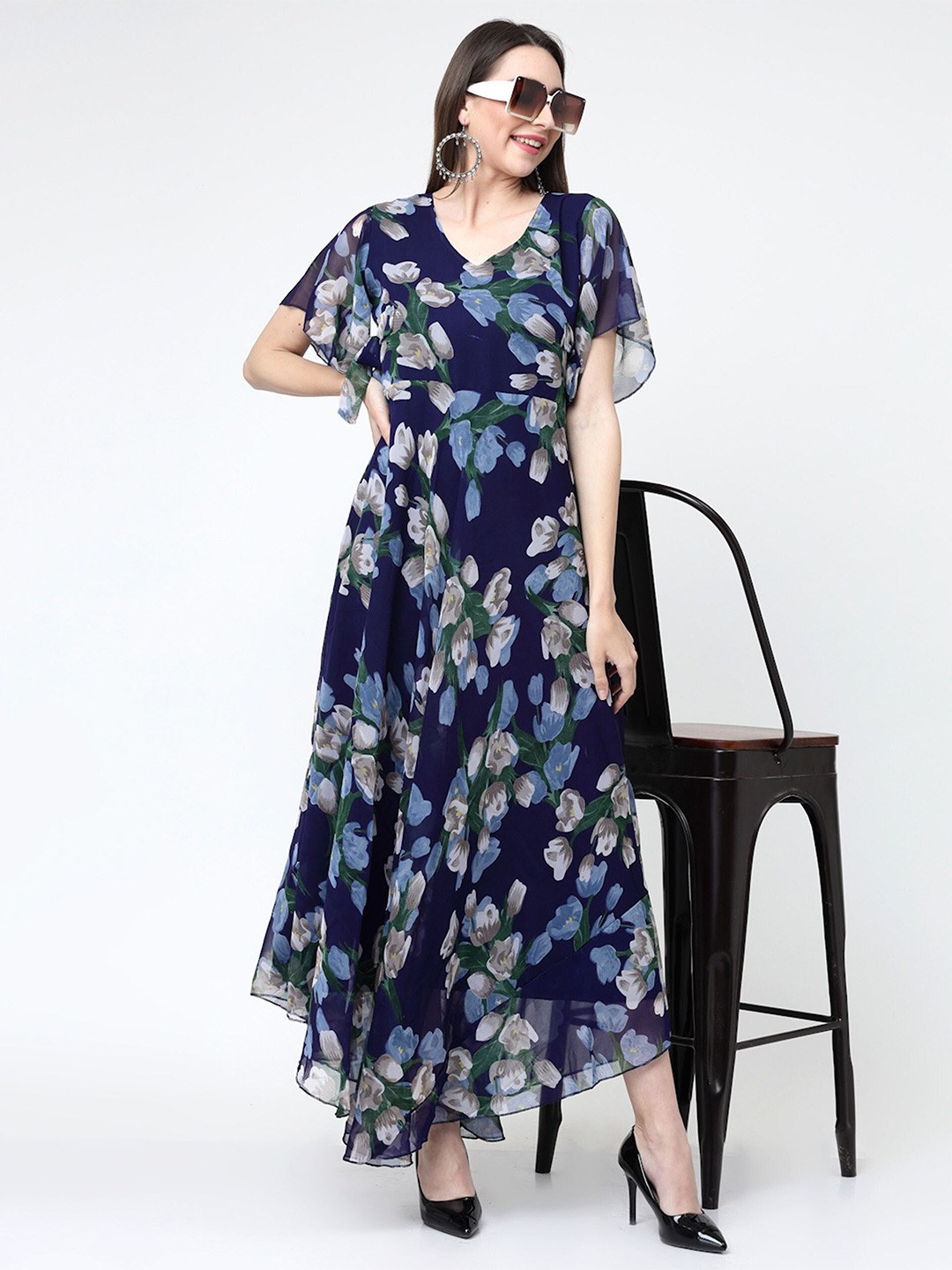 

MISS AYSE Floral Printed Flared Sleeve Maxi Dress, Navy blue