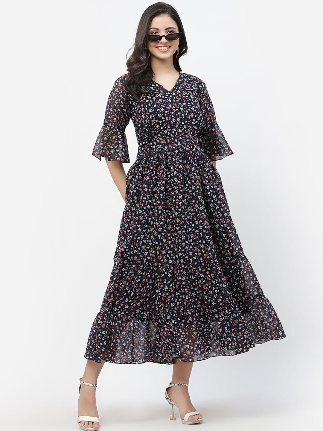 

MISS AYSE Floral Printed Bell Sleeve Georgette Fit & Flare Maxi Dress, Black
