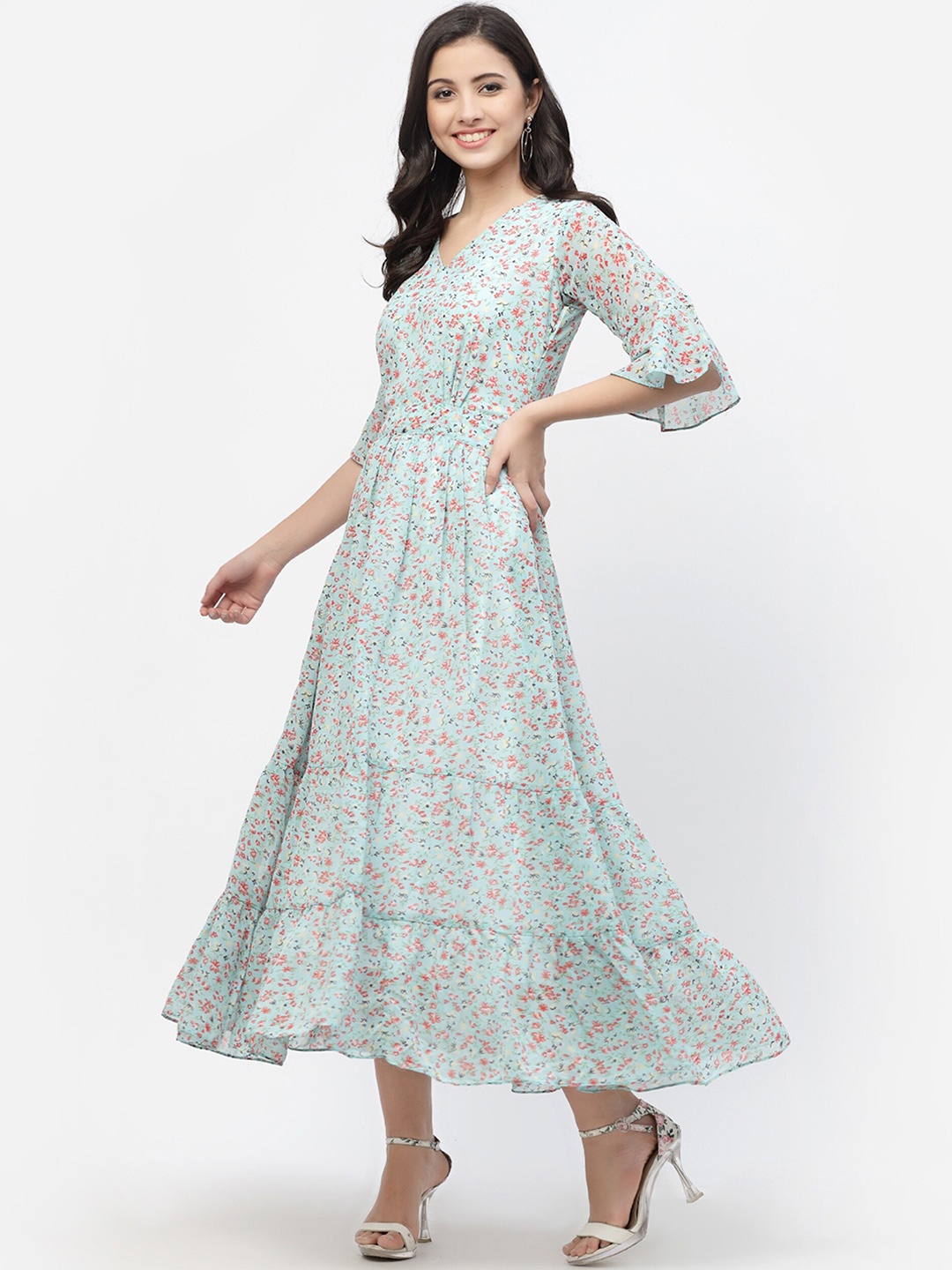 

MISS AYSE Floral Printed Bell Sleeve Georgette Fit & Flare Maxi Dress, Blue
