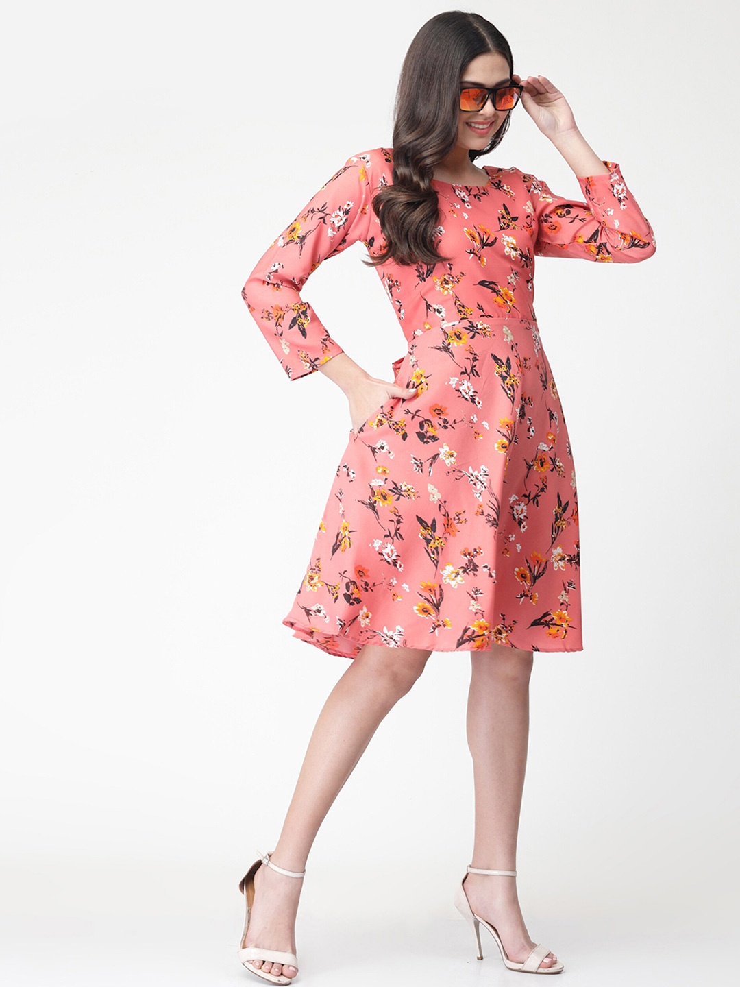 

MISS AYSE Women Floral Printed Fit & Flare Dress, Pink