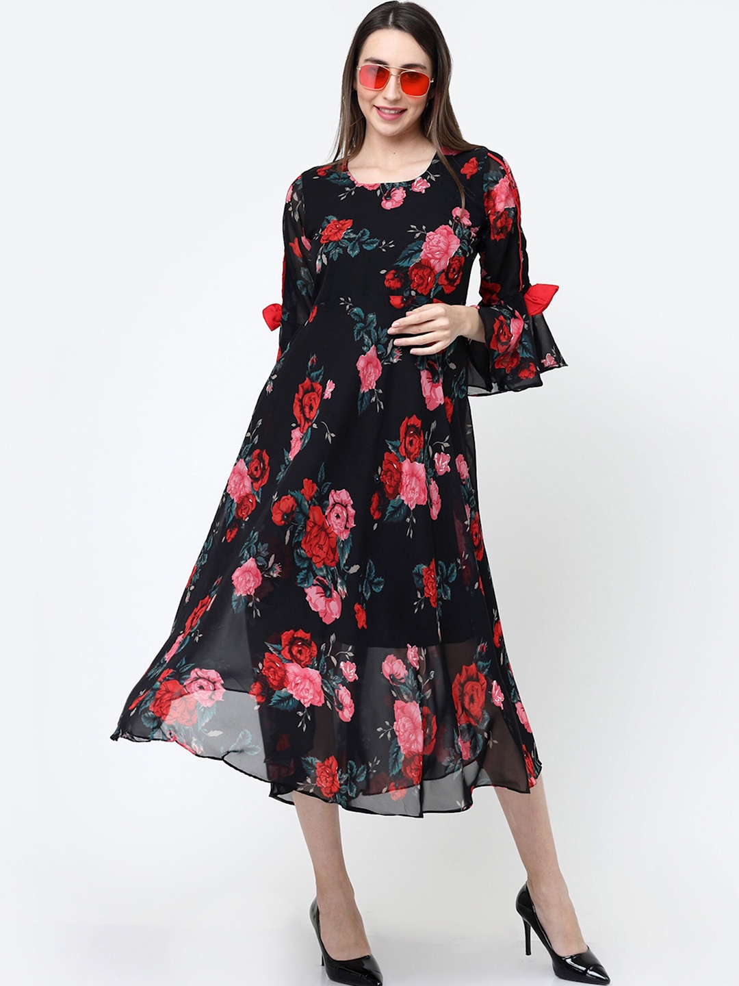 MISS AYSE Floral Printed Bell Sleeve Georgette Fit & Flare Midi Dress, Black