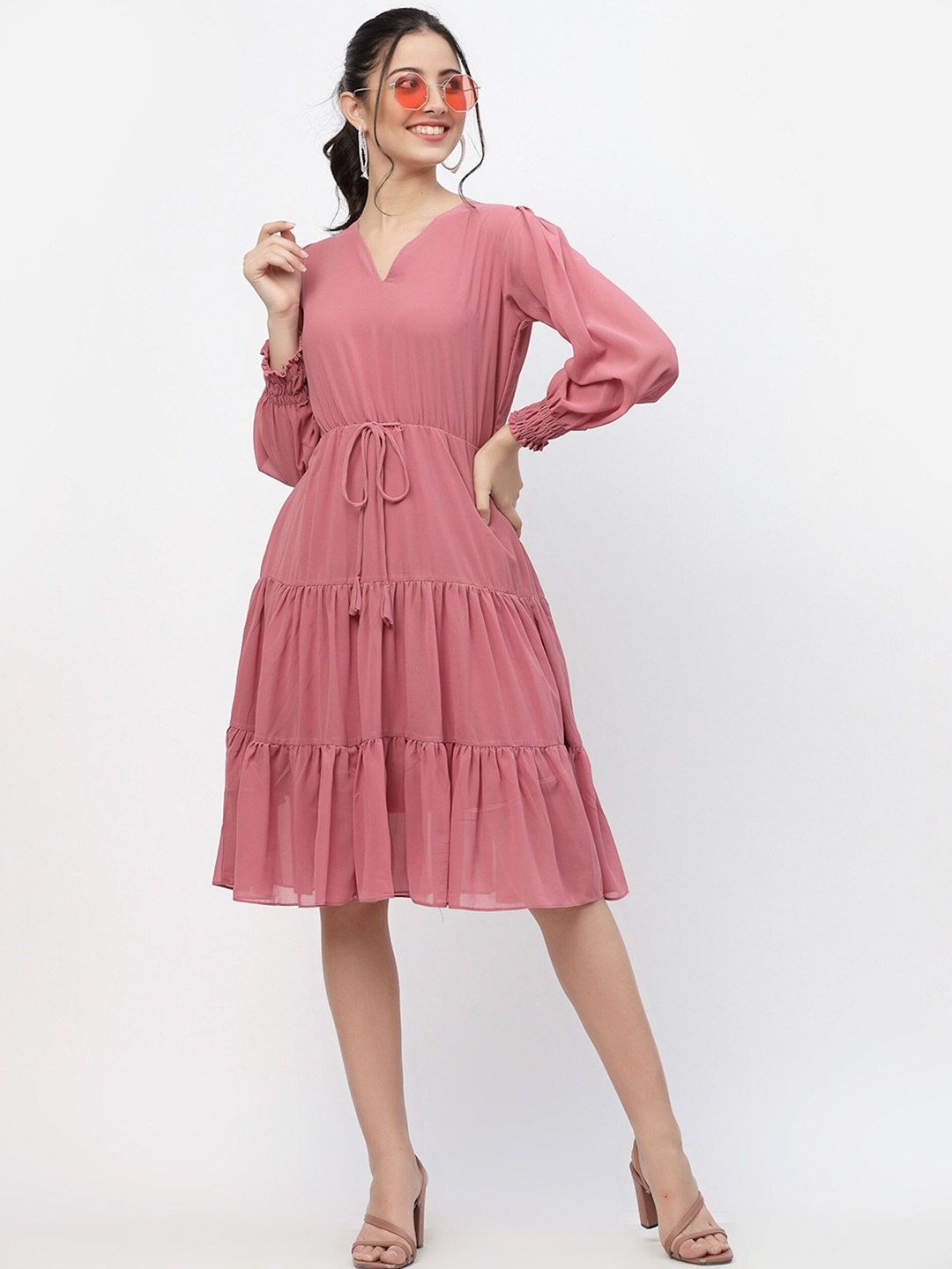 

MISS AYSE Cuffed Sleeve Georgette Fit & Flare Dress, Pink